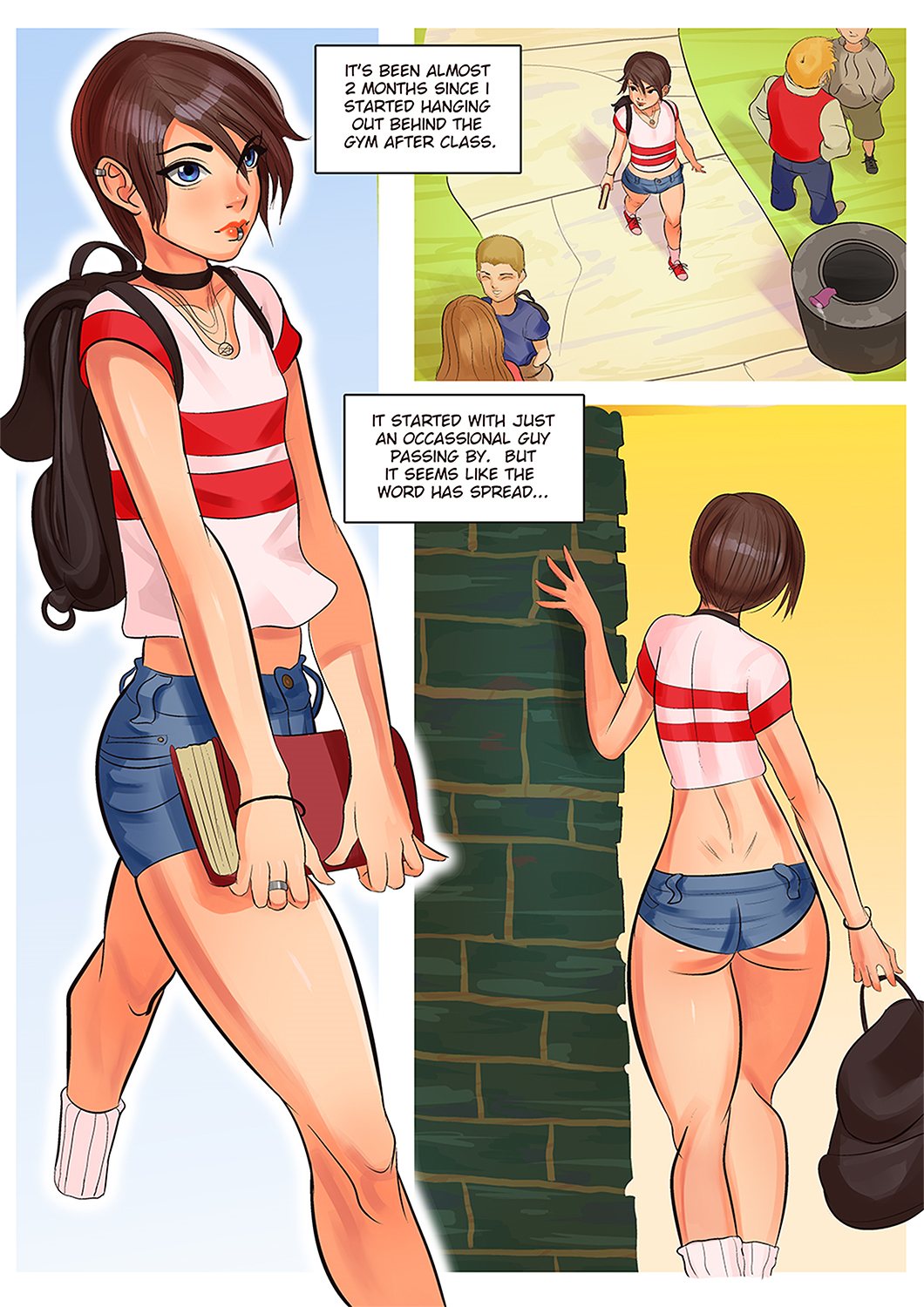 4boys, androgynous, ass, backpack, blue eyes, book, brown hair, causticcrayon, comic, crossdressing, femboy, feminine male, girly, hourglass figure, male, pentagram necklace, short shorts, trap