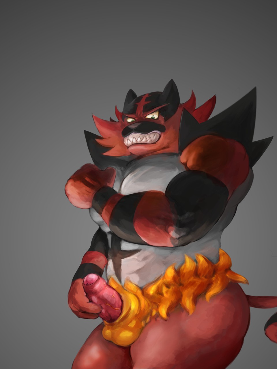 1boy biceps big_ass black_fur erection fangs feline flowamai foreskin fur furry green_eyes grey_background grey_fur holding holding_penis humanoid_penis incineroar looking_at_viewer male male_only mammal muscular nintendo nude orange_fur pecs penis pokemon pokemon_sm red_fur sharp_teeth smile solo standing tail teeth testicles thick_penis thick_thighs tiger uncut veins veiny_penis video_games wrestler