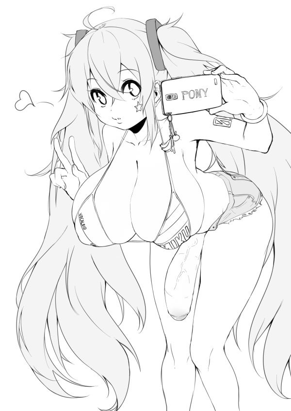 1futa, 1girl, 2016, ahoge, ass, big ass, bikini, bikini top, bikini top only, black and white, bra, bracelet, breasts, cellphone, cleavage, denim, denim shorts, erection, facial tattoo, flaccid, flaccid penis, foreskin, futa only, futanari, greyscale, hair between eyes, hanging breasts, hatsune miku, heart, huge breasts, huge cock, huge penis, human, intersex, jewelry, leaning forward, long hair, looking at viewer, magister (bigbakunyuu), mirror, mirror selfie, monochrome, partially retracted foreskin, penis, penis out, phone, retracted foreskin, selfie, short shorts, shorts, simple background, smartphone, solo, swimsuit, tagme, tattoo, twintails, uncensored, uncircumcised, uncut, v, veins, veiny penis, very long hair, vocaloid, white background