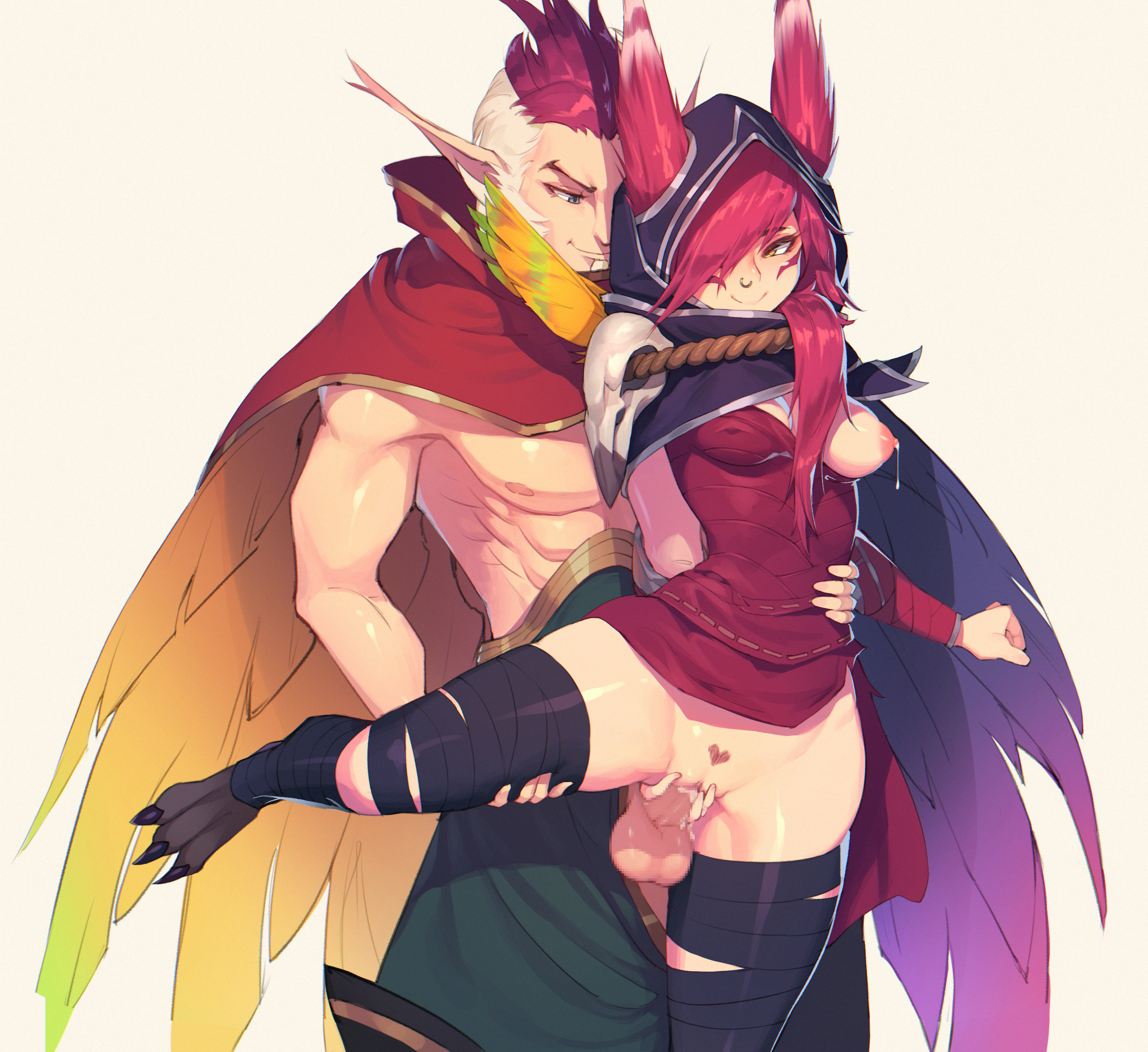 1girls, 2019, balls, bird feet, breasts, ce- -3, clothed sex, clothing, female, from behind, guided penetration, league of legends, long hair, male, penetration, penis, pepper0, pussy, rakan, riot games, sex, spread legs, vaginal penetration, vastaya, wide hips, xayah