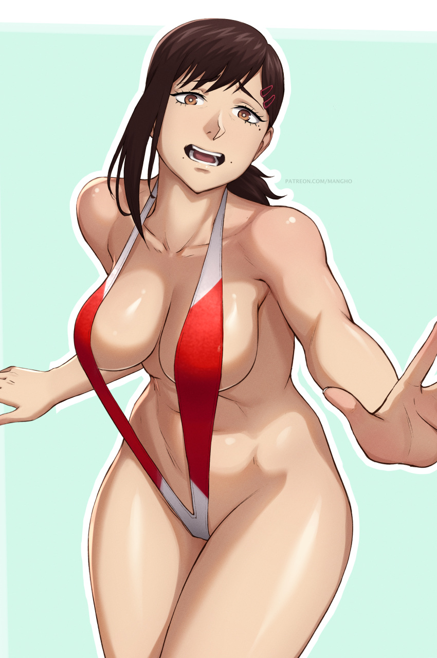 1girls, breasts, chainsaw man, cleavage, female, higashiyama kobeni, mangho, medium breasts, one-piece swimsuit, open mouth, solo, standing, swimsuit, tagme