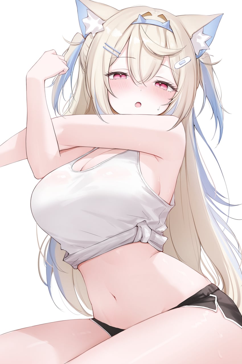 animal ears, bandaid, bandaid hair ornament, bare shoulders, black shorts, blonde hair, blue hair, blush, breasts, cleavage, dog ears, dog girl, female, fuwawa abyssgard, hair ornament, hairband, hairclip, highres, hololive, hololive english, hololive english -advent-, large breasts, long hair, looking at viewer, multicolored hair, navel, oerba yun fang, open mouth, pink eyes, shirt, shorts, simple background, solo, spiked hairband, spikes, stomach, streaked hair, stretching, sweat, thighs, tied shirt, two side up, two-tone hair, virtual youtuber, white background, white shirt, yumiewuri