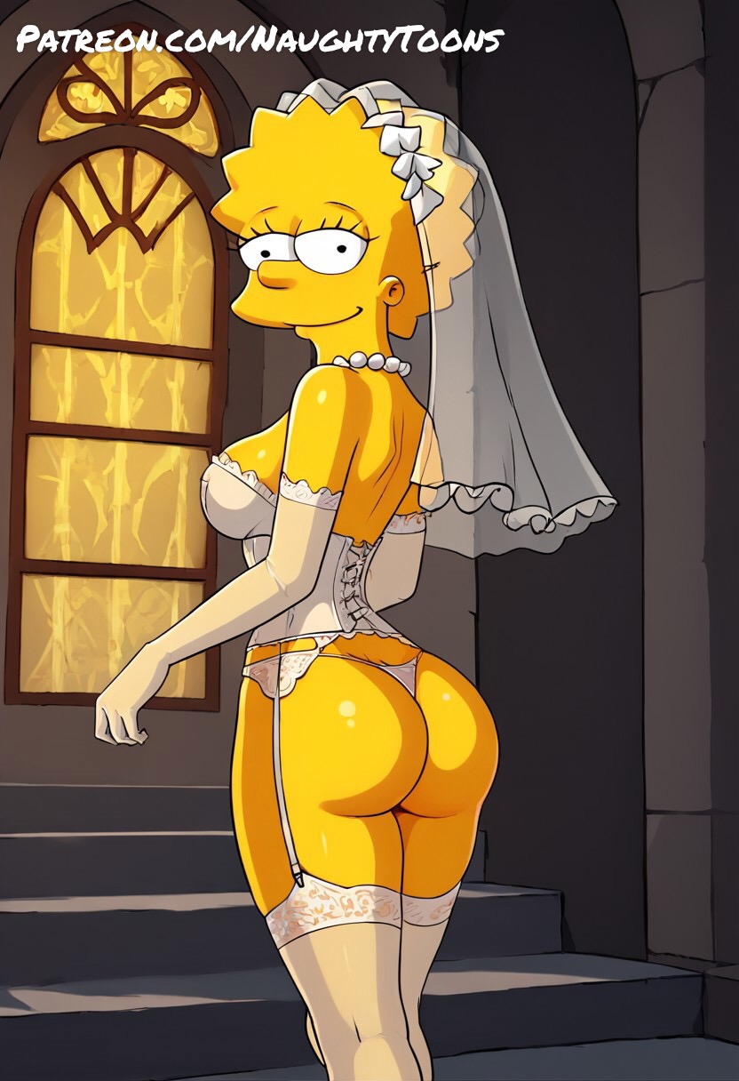 1girls, ai generated, ass, ass focus, bridal gloves, bridal lingerie, bridal veil, bride, church, church interior, female, garter straps, lingerie, lisa simpson, opera gloves, satin gloves, see-through, sexy body, sexy pose, simpsons, stockings, the simpsons, thighhighs, thong, veil, wedding dress, wedding gloves, wedding lingerie, wedding veil, white stockings