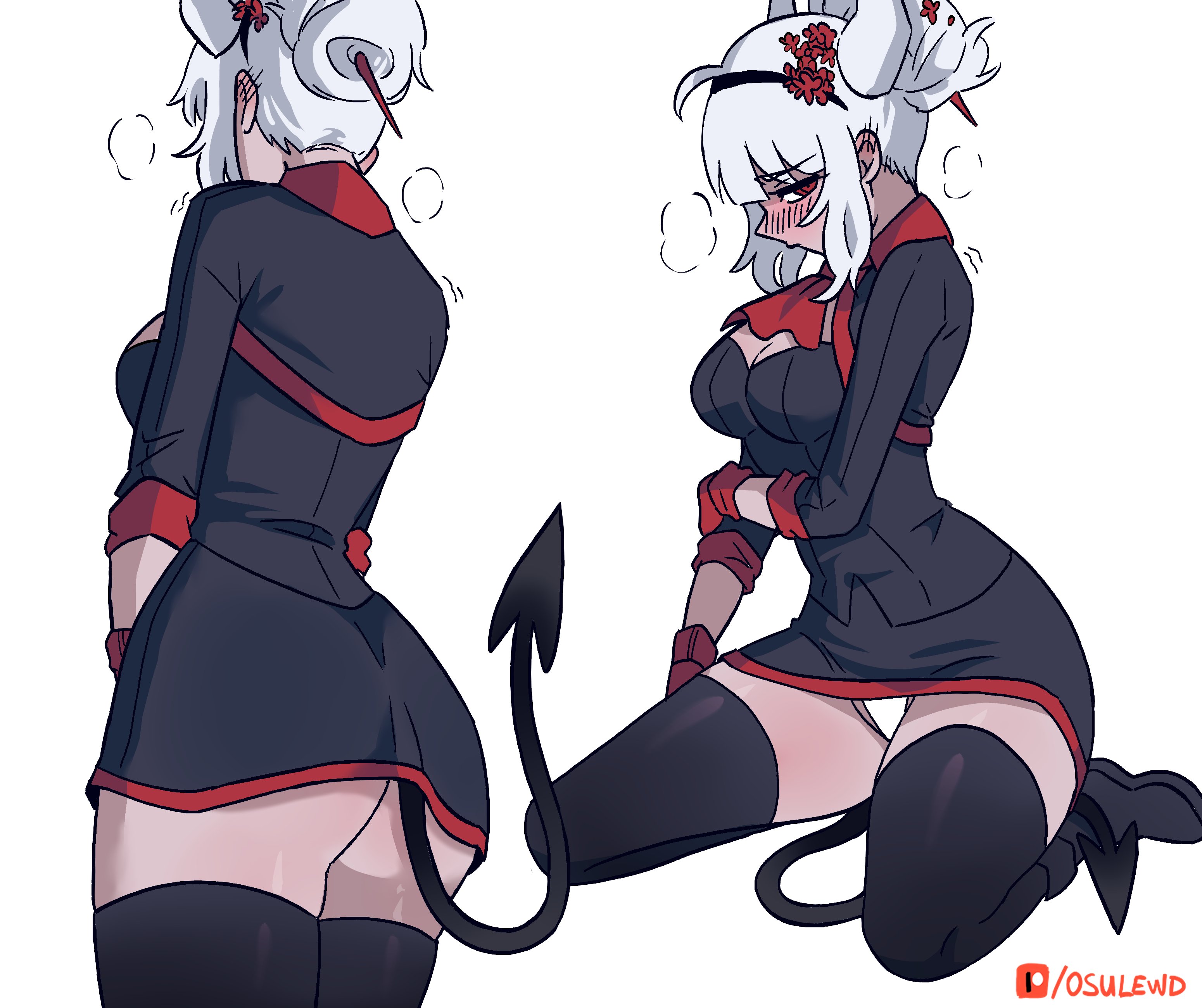 absurdres, black boots, black shirt, black skirt, black thighhighs, blush, boots, breasts, cleavage, cleavage cutout, clothing cutout, demon girl, demon horns, demon tail, female, female only, hashtag-only commentary, helltaker, highres, horns, looking at viewer, lucifer (helltaker), multiple views, osulan, panties, panty peek, patreon logo, red eyes, shirt, skirt, standing, tail, thighhighs, underwear, white hair, white panties