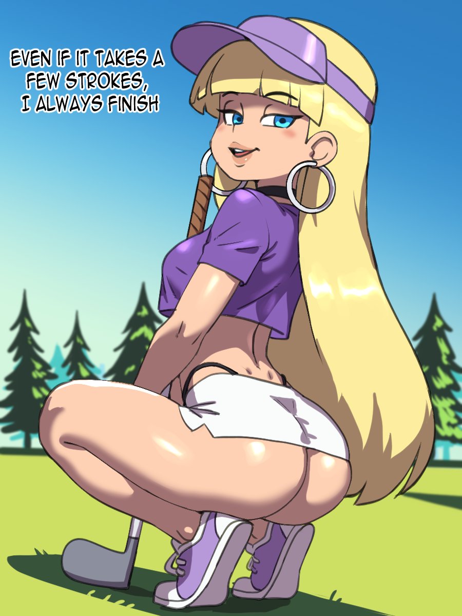 1girls, ass, athletic female, bangs, bare midriff, big ass, big butt, blonde hair, blue eyes, blue sky, cap, choker, curvy, darkeros13, english text, female, female only, g-string straps, golf club, golf course, grass, grass field, gravity falls, hoop earrings, huge ass, huge butt, human, large ass, large butt, light skin, light-skinned female, looking at viewer, miniskirt, pacifica northwest, panties, pine tree, revealing clothes, shirt, short skirt, skimpy clothes, skirt, sky, sneakers, squatting, talking to viewer, text, thick thighs, thong, tree, very long hair, viewed from behind