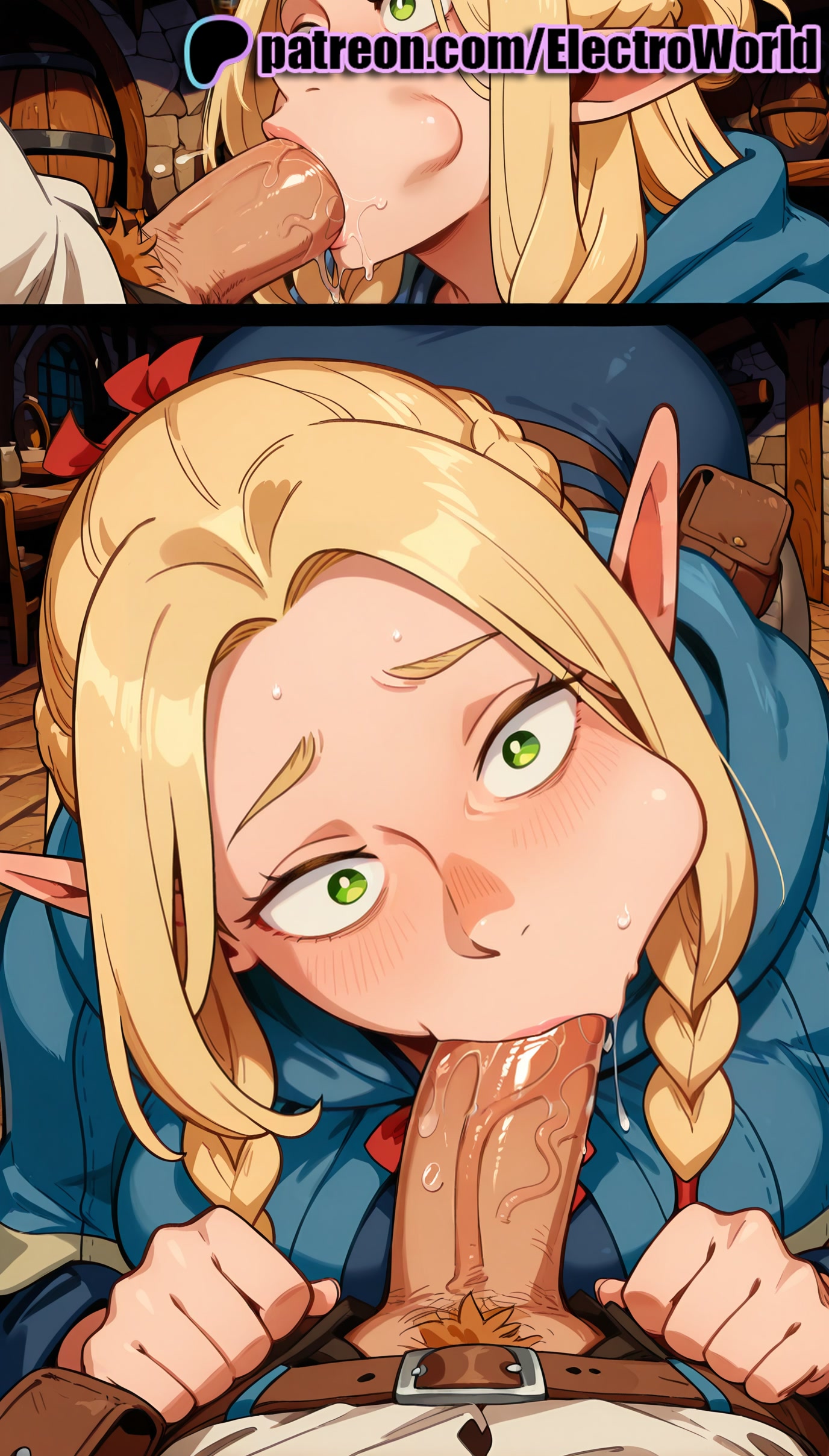 :>=, 1boy, 1girls, 2025, ai generated, artist name, balls, balls sucking, blonde hair, blowjob, blowjob face, blue dress, blush, book, braid, cheek bulge, cock, cum in mouth, dick, dungeon meshi, electroworld, elf, erection, fellatio, female, green eyes, hi res, high quality, high resolution, highres, hood, hood down, licking, licking penis, long hair, male, male pubic hair, marcille donato, multiple fellatio, oral, oral sex, patreon, patreon username, penis, pointy ears, pov, pubic hair, stable diffusion, straight, sucking, testicles, twin braids, uncensored, watermark