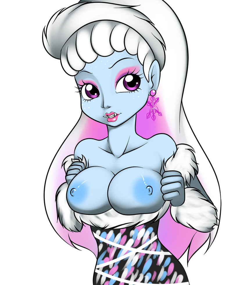 abbey_bominable blue_skin breasts dress earrings exposed_breasts fangs fur hair kloudmutt large_breasts monster_high nipples pointy_ears purple_eyes simple_background smile white_hair