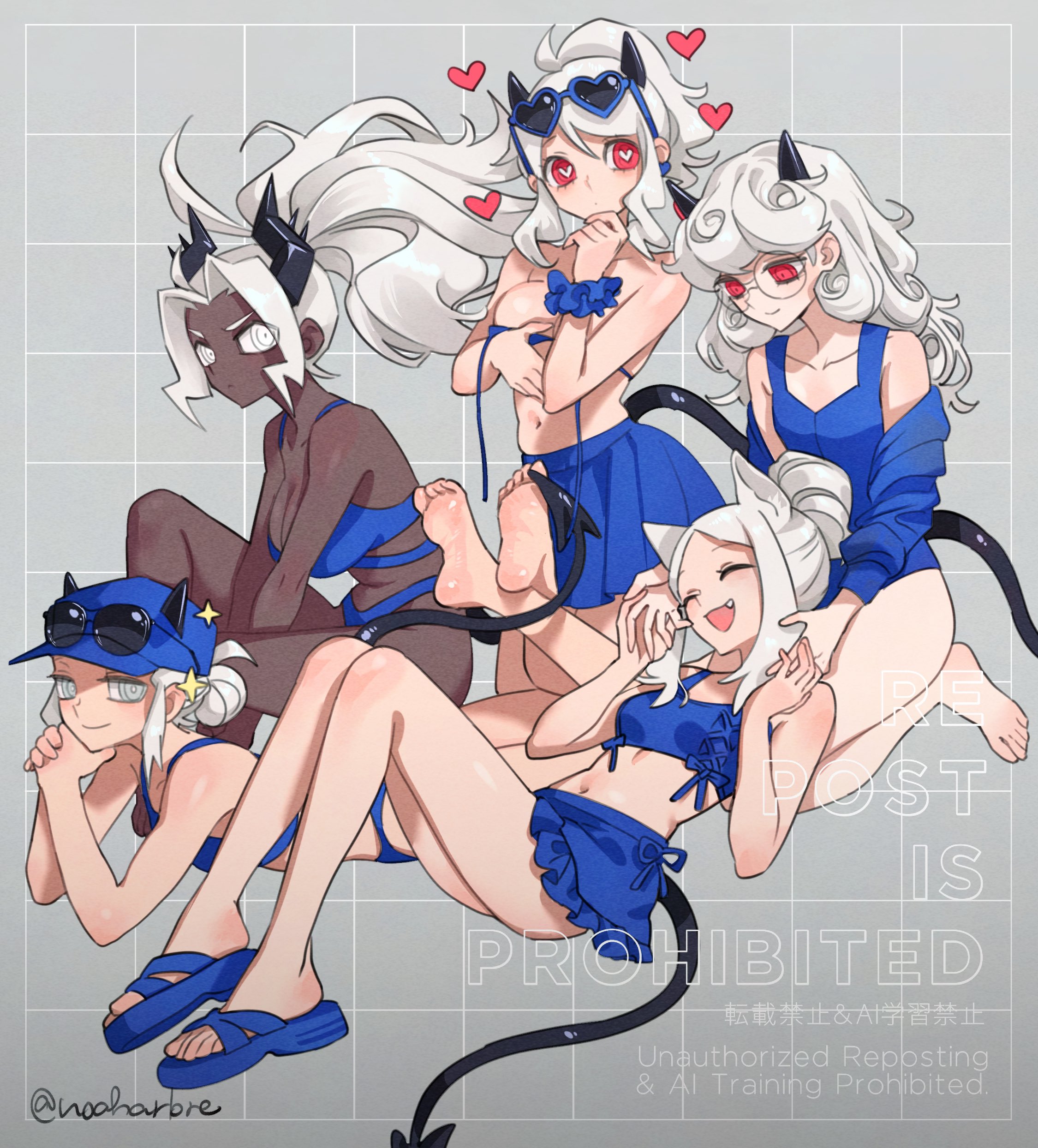 5girls, absurdres, artist signature, barefoot, bikini, black horns, blue bikini, blue hat, blue one-piece swimsuit, blue skirt, breasts, cerberus (helltaker), closed eyes, closed mouth, dark skin, dark-skinned female, demon girl, demon horns, eyewear on head, eyewear on headwear, female, female only, footwear, glasses, grey background, grey eyes, hat, heart, heart-shaped eyewear, heart-shaped pupils, helltaker, highres, horns, judgement (helltaker), justice (helltaker), large breasts, long hair, looking at viewer, lying, modeus (helltaker), multiple females, multiple girls, noah (tettsui-sole), noaharbre, on stomach, one-piece swimsuit, open mouth, open toe shoes, pandemonica (helltaker), red eyes, round eyewear, sandals, sitting, skirt, smile, soles, sunglasses, swimsuit, symbol-shaped pupils, white eyes, white hair
