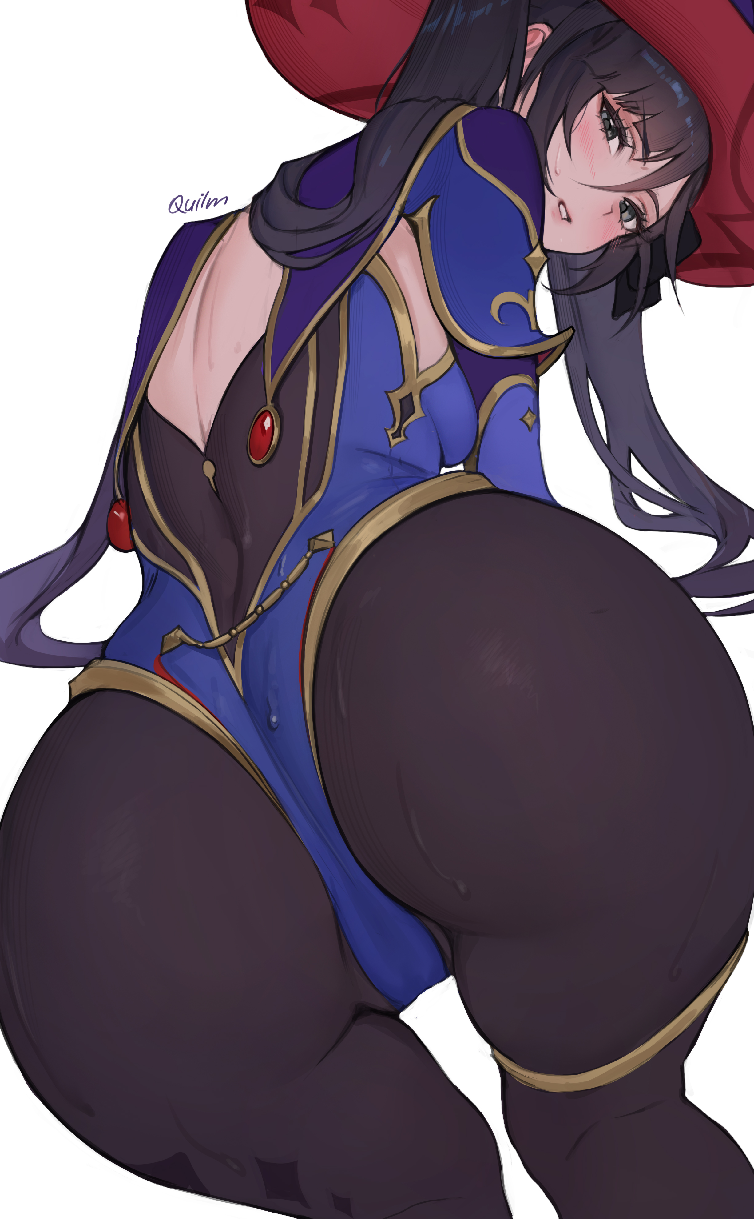 1girls, 2d, 2d (artwork), artist name, artist signature, ass, ass focus, back, back view, backboob, black legwear, blush, clothed, clothing, dark hair, digital media (artwork), female, genshin impact, grey eyes, highres, hoyoverse, light skin, light-skinned female, long hair, looking at viewer, looking back at viewer, mihoyo, mona (genshin impact), parted lips, quilm, smile, solo, sweat, sweatdrop, sweating, tagme, tight clothing, wet, wet body, wet clothes, wet skin, white background, witch hat