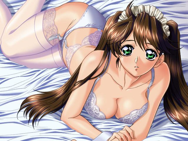 bra breasts cleavage elysion_~eien_no_sanctuary~ frills game_cg garter_belt green_eyes legwear lingerie maid oohara_mirei stockings terios thighhighs tied_hair twintails underwear