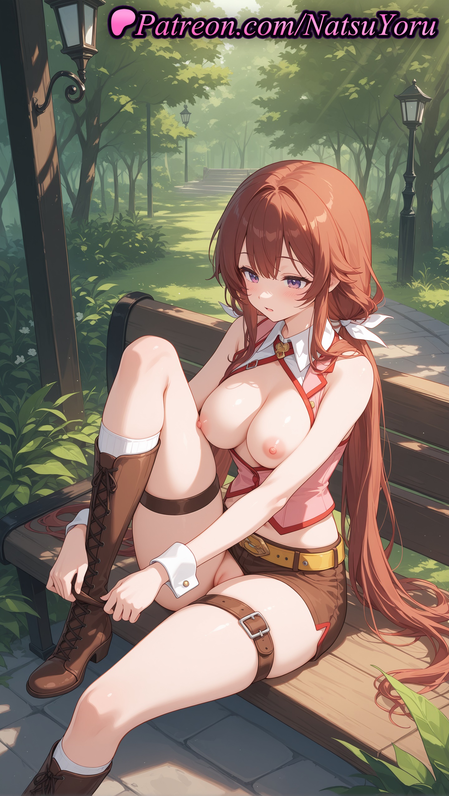 1girls, 2025, ai generated, bare shoulders, belt, bench, blue eyes, boots, breasts, breasts out, brown footwear, brown hair, brown shorts, female, genjitsu shugi yuusha no oukoku saikenki, hi res, highres, knee up, large breasts, long hair, low twintails, natsuyoru, nipples, no panties, on bench, outdoors, park bench, patreon, purple eyes, pussy, red hair, roroa amidonia, shirt, sitting, sleeveless, sleeveless shirt, socks, solo, thigh strap, twintails, very long hair, voluptuous, voluptuous female, white socks, wrist cuffs