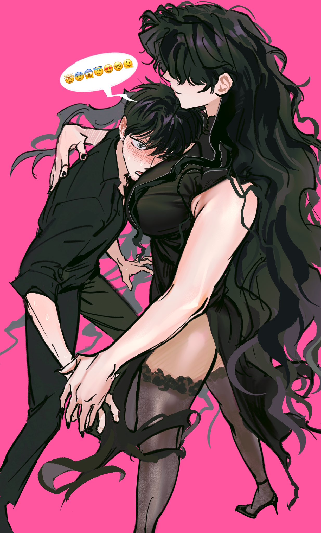 ass, black hair, blush, breasts, clothed, clothes, clothing, dominant female, dress, face in breasts, female, heels, high slit dress, kim dokja, kitty7love37393, larger female, long hair, male, omniscient reader, omniscient reader (webtoon), omniscient reader's viewpoint, shorter male, smaller male, stockings, stockings thigh highs, submissive male, taller female, thigh highs, thighhighs, thighs, yoo joonghyuk