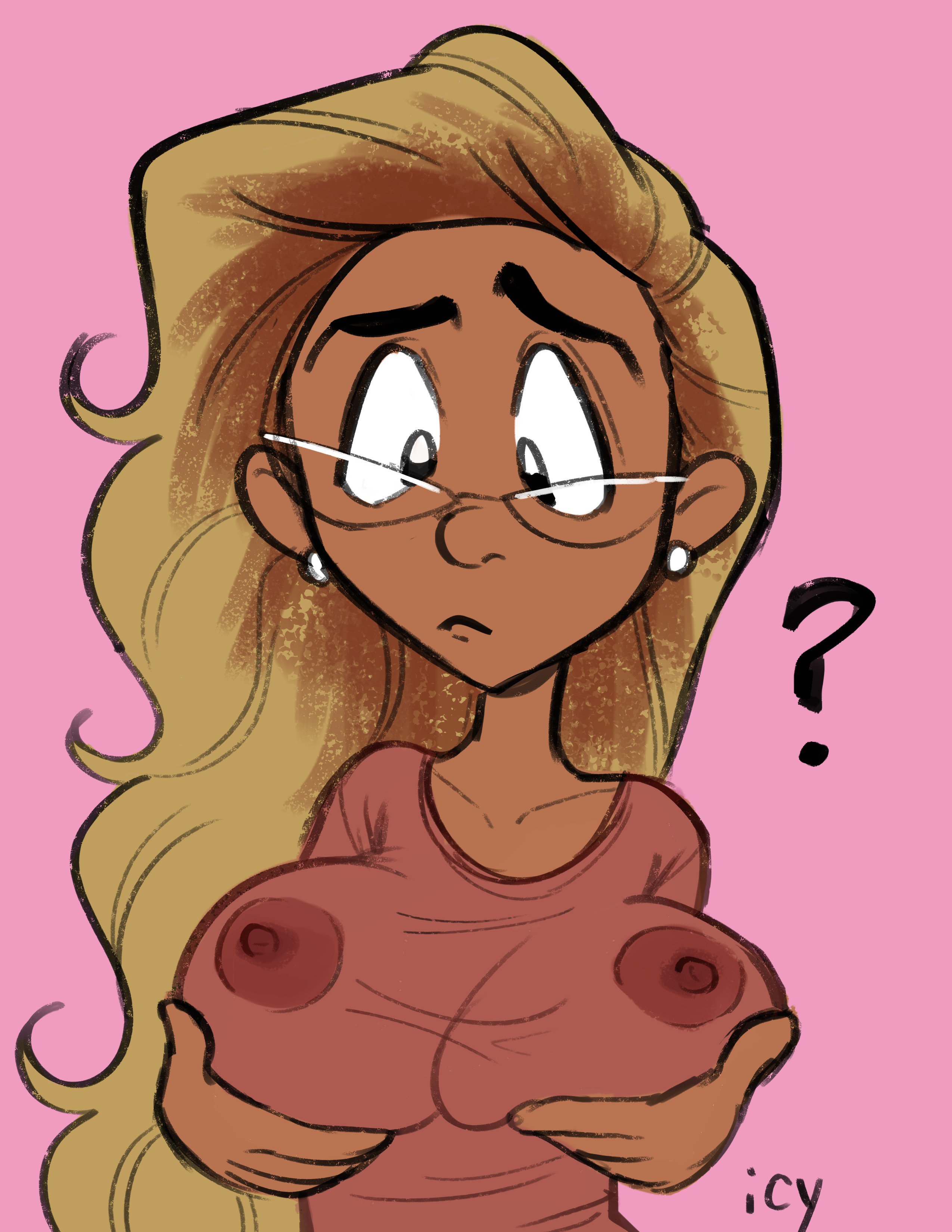?, big breasts, breasts, breasts grab, brown hair, confusion, dark skin, dark-skinned female, female, glasses, iseenudepeople, long hair, nipples, nipples visible through clothing, petunia (iseenudepeople), pointy chin, sheer, transparent clothing
