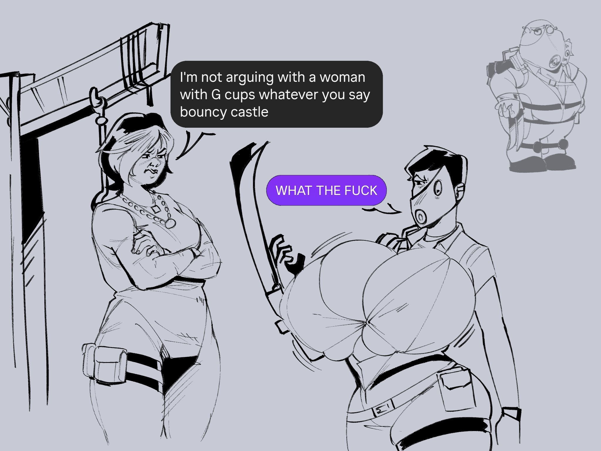 adriana imai, behemaid, breasts, claw (weapon), cleavage, crossed arms, dead by daylight, gigantic breasts, greyscale, haddie kaur, huge breasts, jewelry, large breasts, necklace, pixie cut, short hair, simple background, speech bubble, straps, the skull merchant, top heavy, weapon