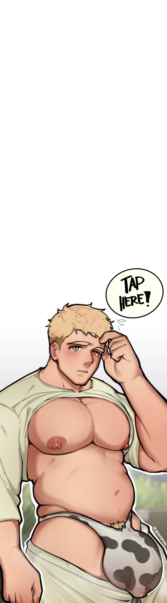 bara, big pecs, blonde hair, bulge, cow print, dungeon meshi, jeshiikun, laios touden, male, male only, muscular, muscular male, solo, tap here!, thong