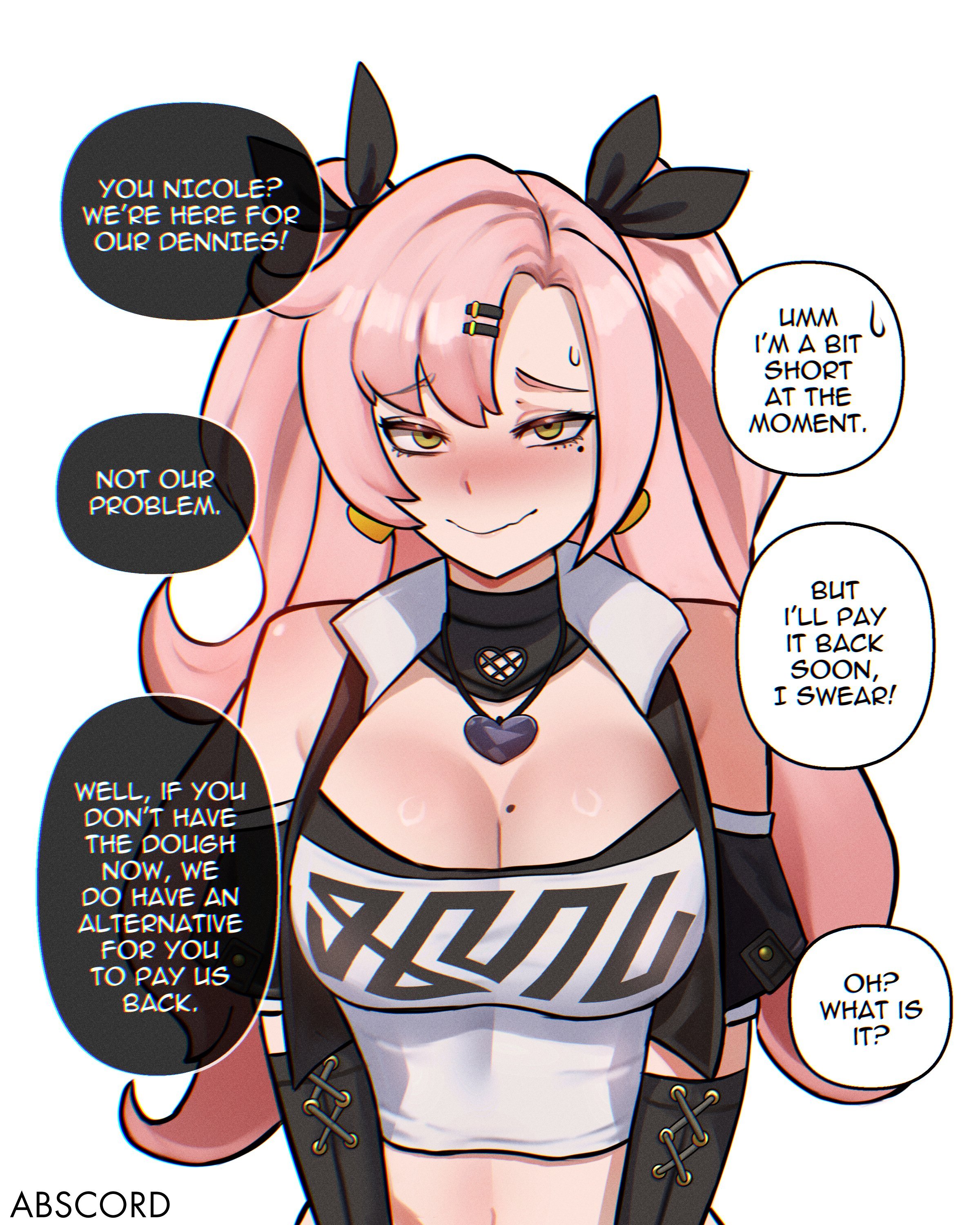 1girls, abscord, big breasts, blush, blushing at viewer, blushing female, breasts, corruption, crop top, cropped jacket, detached sleeves, english text, female, female focus, female only, fully clothed, fully clothed female, green eyes, heart necklace, hi res, hoyoverse, light skin, light-skinned female, mole, mole on breast, mole under eye, nicole demara, pink hair, sfw, simple background, tagme, twintails, white background, zenless zone zero