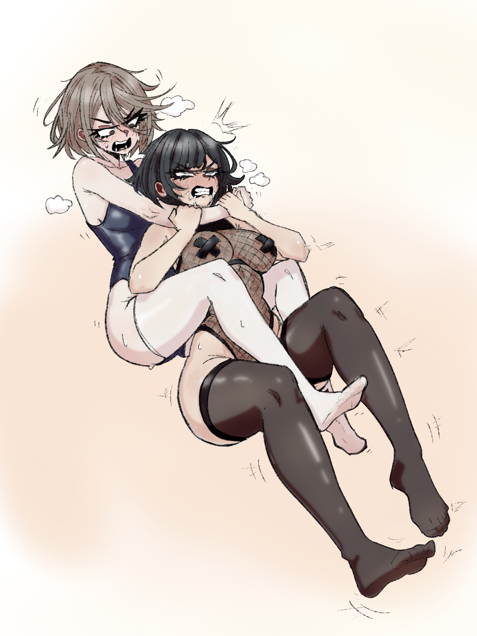2girls, angry, angry expression, angry face, blush, blushing female, catfight, choke hold, fight, fighting, fishnets, grabbing, grabbing from behind, grappling, johnnyjoe, nearly nude, original, original characters, ryona, school swimsuit, short hair, steamy breath, stockings, swimsuit, tagme, taped nipples, wrestlingryona, yuri