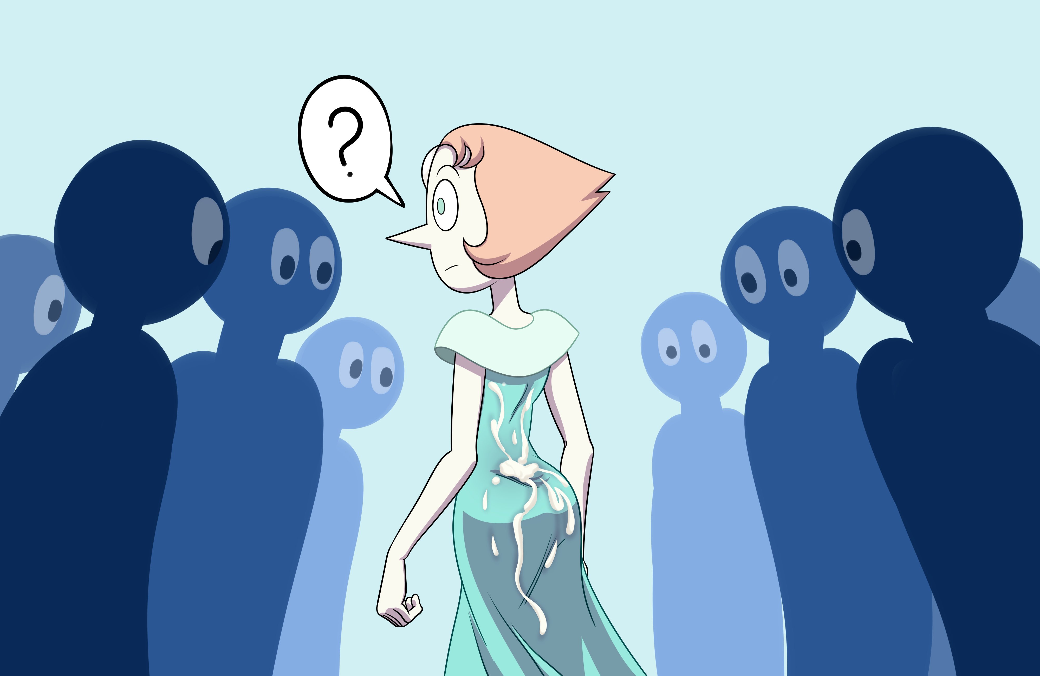 ?, 1girls, accurate art style, ass, confused, crowd, cum on ass, cum on body, cum on butt, cum on clothes, dezetaka, dress, dzk, female focus, oblivious, pearl (steven universe), solo focus, steven universe, unaware