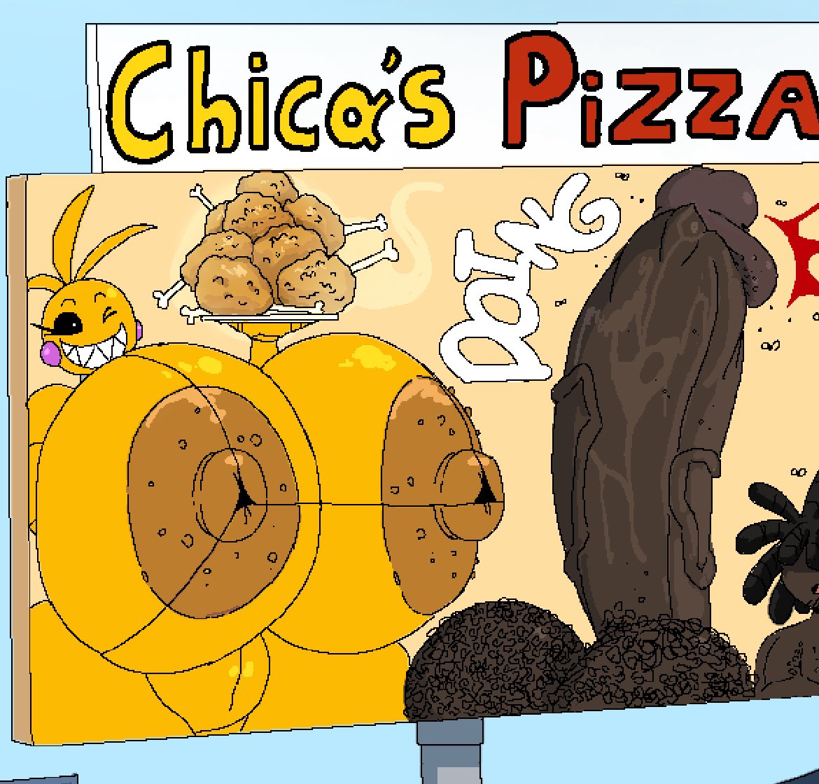 2026, 2d, 2d (artwork), 2d artwork, big balls, big breasts, big penis, billboard, black eyes, black hair, black male, chicken, curvaceous, curvaceous female, curvaceous figure, curvy, curvy female, curvy figure, dark-skinned male, five nights at freddy's, five nights at freddy's 2, flies for smell, gigantic breasts, glands of montgomery, huge balls, huge breasts, huge cock, human, hyper breasts, hyper penis, man face (roblox), massive breasts, penis, pixel art, restaurant, robot, robot girl, sharp teeth, straight, teaser, teaser image, text, toy chica (fnaf), varix, white pupils, yellow hair