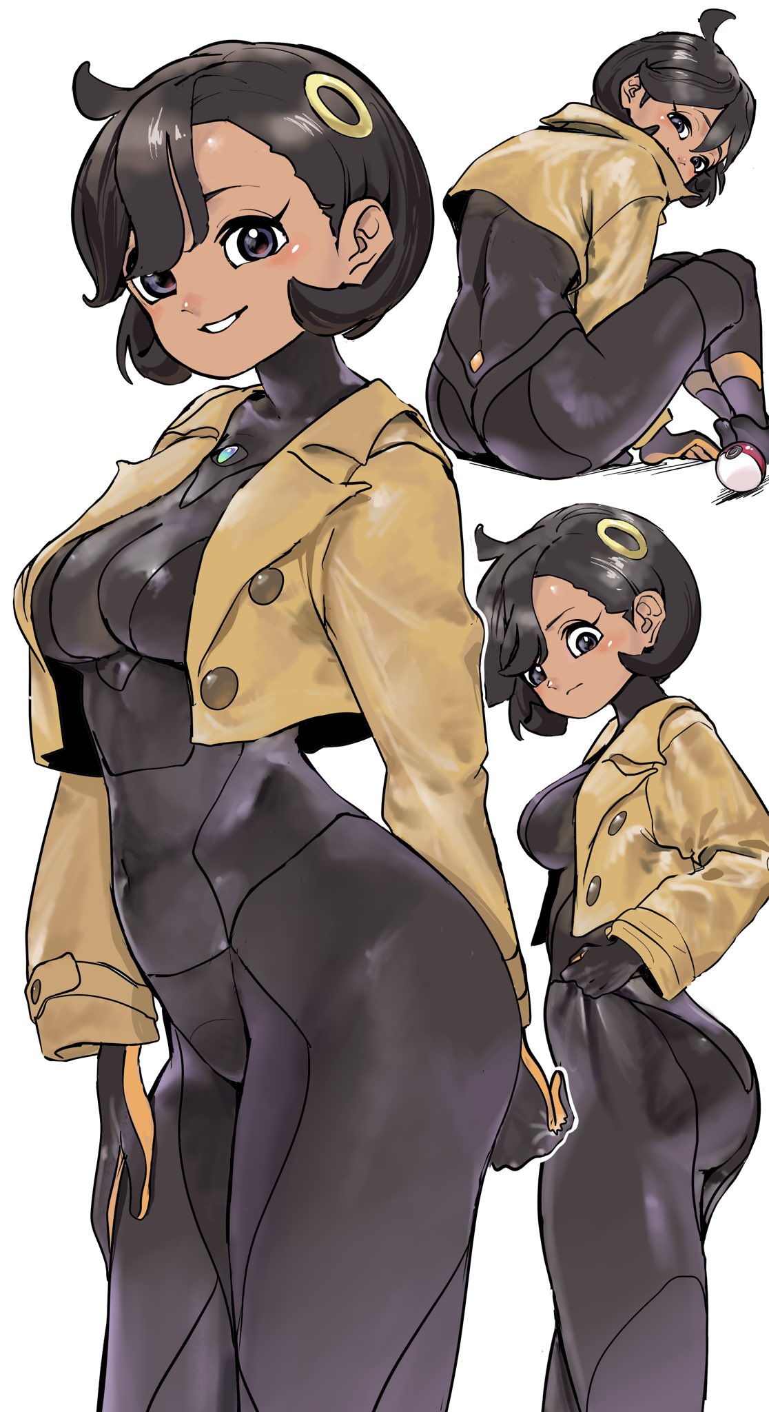 ass, black bodysuit, black gloves, black hair, blush, blushing, bodysuit, breasts, brown jacket, closed mouth, commentary request, dark skin, dark-skinned female, emma (pokemon legends: z-a), emma (pokemon), female, game freak, gloves, hair ornament, highres, jacket, latex, latex bodysuit, light blush, looking at viewer, matiere (pokemon legends: z-a), matiere (pokemon), medium breasts, mega stone, multicolored gloves, nintendo, open clothes, open jacket, orange gloves, parted lips, poke ball, poke ball (basic), pokemon, pokemon legends: z-a, purple eyes, short hair, simple background, smile, sukoyaka tsukasa, thin waist, two-tone gloves, white background, wide hips