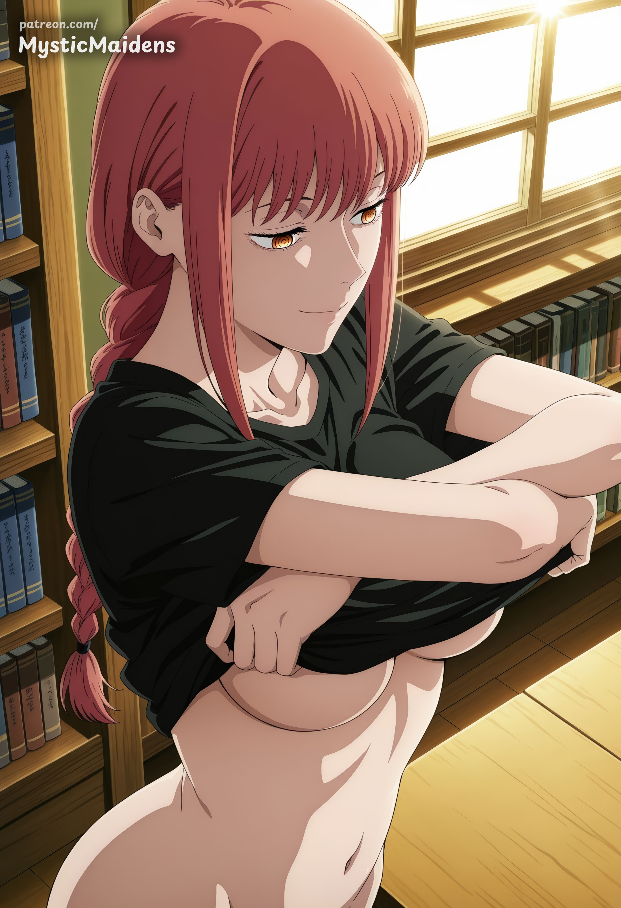 ai generated, anime, anime style, artist name, black shirt, book, bookshelf, braid, braided ponytail, breasts, chainsaw man, closed mouth, clothes lift, collarbone, female, hentai, hi res, indoors, large breasts, lifted by self, long hair, makima (chainsaw man), mystic maidens, navel, no bra, orange eyes, patreon, patreon username, red hair, ringed eyes, shirt, shirt lift, short sleeves, sidelocks, smile, solo, stomach, sunlight, underboob, undressing, window, wooden floor, yellow eyes