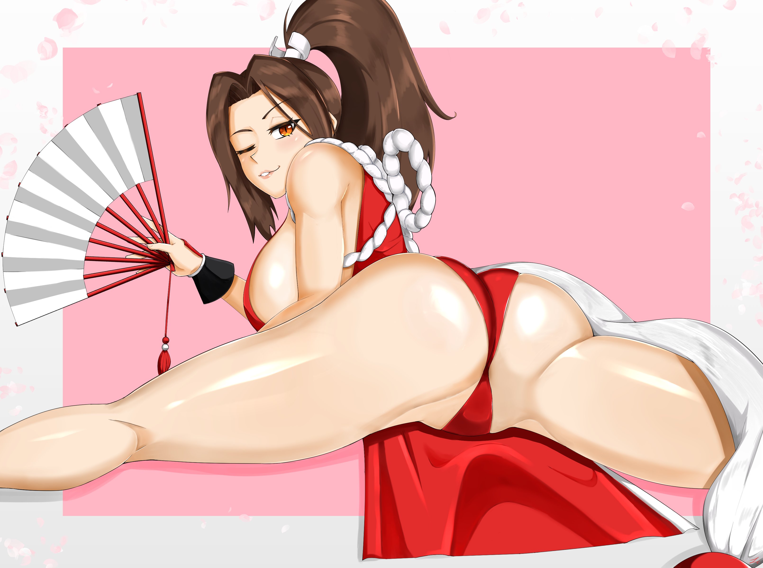 1girls, ass, bare shoulders, big ass, big breasts, breasts, brown eyes, brown hair, clarkekitsp, fan, fatal fury, female, female only, folding fan, high ponytail, king of fighters, large breasts, looking at viewer, looking back, lying, mai shiranui, one eye closed, pelvic curtain, ponytail, revealing clothes, rope, sideboob, smile, solo, tagme, thighs, thong