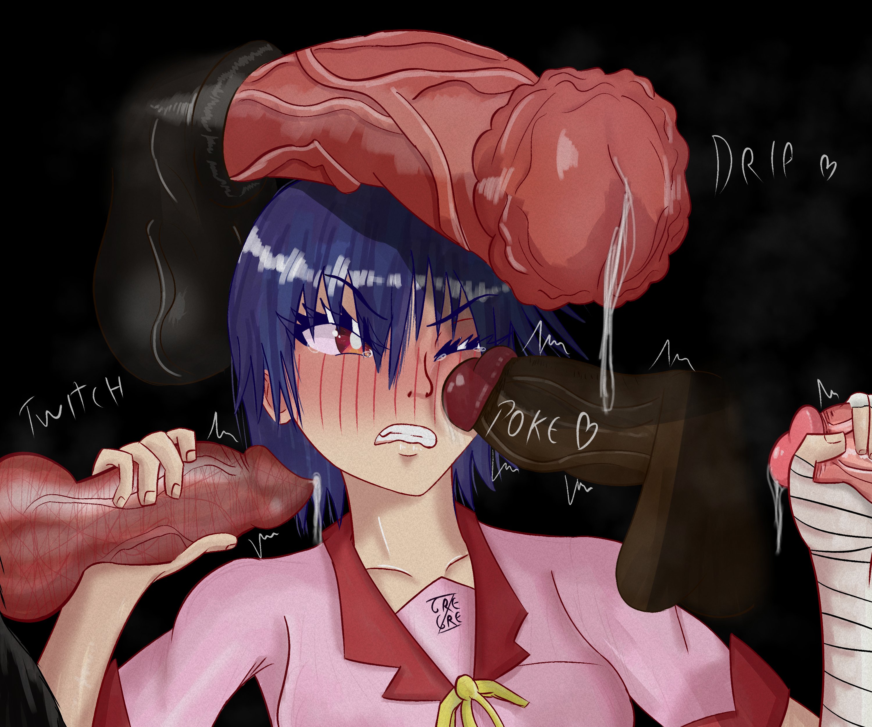 1girls, 2024, 2animals, 4boys, animal genitalia, animal penis, bakemonogatari, ballsack, blush, canine penis, dark-skinned male, disembodied penis, equine penis, flared penis, gregrezero, handjob, hi res, kanbaru suruga, knotted penis, monogatari (series), one eye closed, penis on face, precum, teary eyes, veiny penis, zoophilia