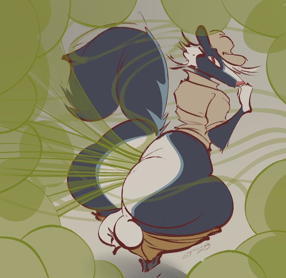 1boy, 2025, animal crossing, anthro, ass, backsack, balls, beanie, big butt, black body, black fur, bottomwear, bottomwear down, brown bottomwear, brown clothing, brown pants, clothed, clothing, digital drawing (artwork), digital media (artwork), english description, fart, fart cloud, fart fetish, farting, fur, furry, furry male, genitals, gloves (marking), green fart, green fart cloud, hat, headgear, headwear, kicks (animal crossing), looking back, male, male fart, mammal, markings, mephitid, nintendo, pants, pants down, partially clothed, rear view, shirt, simple background, skunk, skunk fart, solo, solo male, tail, topwear, ventusky, white markings
