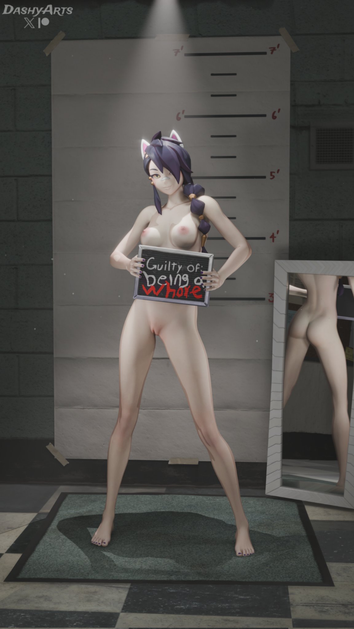 1girls, 2026, 3d, 3d (artwork), abs, areola, areolae, ass, blender, braid, braided hair, braided ponytail, breasts, cat ears, cat humanoid, dark blue hair, dashyarts, epic games, erisa (fortnite), feline, female, female focus, female only, fortnite, fortnite: battle royale, hi res, high quality, high resolution, highres, long hair, medium breasts, mirror, mirror reflection, mugshot, nipples, nude, nude female, pale skin, pale-skinned female, petite, petite body, petite female, ponytail, pose, posing, presenting, presenting ass, presenting breasts, presenting pussy, prosthetic arm, pussy, pussy lips, robotic arm, shaved crotch, shaved pussy, showing off, slim waist, smile, smiling, vagina, watermark
