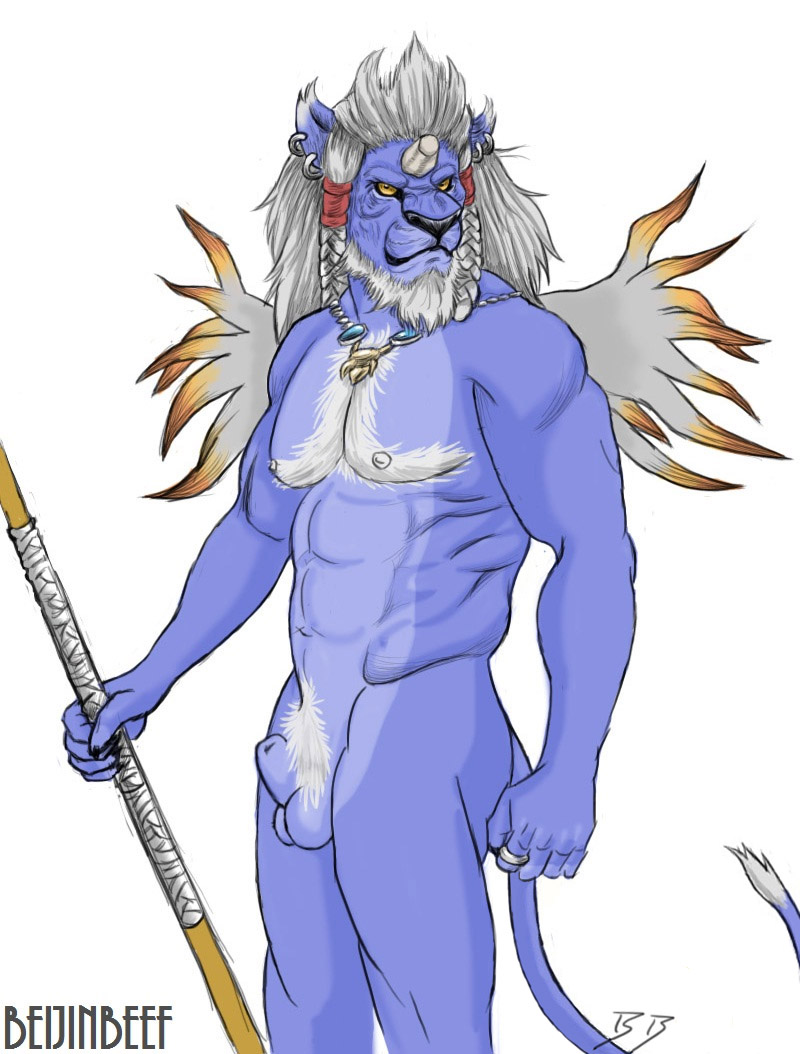 1boy anthro balls ballsack beefy beijinbeef blue blue_fur body_fur body_hair braided_hair color ear_piercing earrings feline final_fantasy final_fantasy_x flaccid_penis kimahri leonine leonine_tail lion looking_at_viewer male male_nipples male_only male_pubic_hair mane manly masculine mature_male musclegut muscles muscular_male nude_male pecs penis polearm pubes ronso scrotum smooth_fur solo spear tail testicles video_games white_hair yellow_eyes