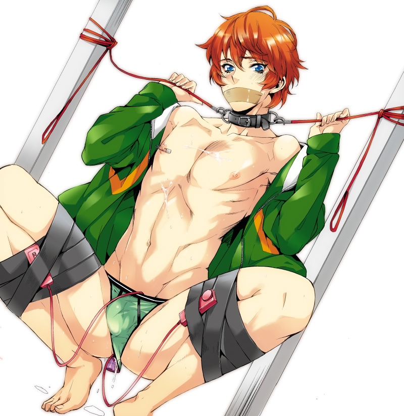 blue_eyes bondage briefs bulge clothes collar cum dildo gag jacket leash male male_only male_penetrating nipple_piercing nipples open_clothes open_shirt orange_hair penis piercing prince_of_tennis sengoku_kiyosumi squatting tape tape_bondage tape_gag underwear vibrator vibrator_under_clothes yamada_3