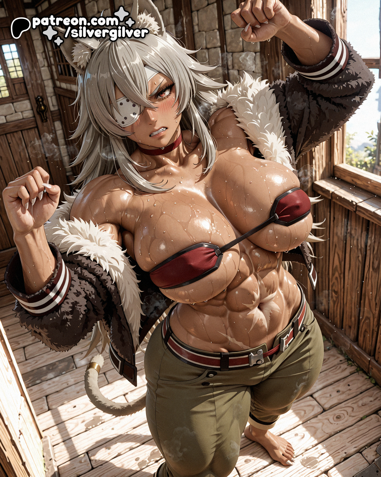 1girls, abs, ai generated, angry, angry expression, angry face, arms up, barefoot, barely clothed, belly button, belly scar, big breasts, blush, cat ears, cat tail, catgirl, collar, covered nipples, eyepatch, feet, female, female focus, fists clenched, fluffy ears, fluffy tail, from above, fur jacket, ghislaine dedoldia, green pants, grey ears, grey hair, grey tail, high quality, high resolution, high-angle view, highres, huge breasts, indoors, jacket, large breasts, long hair, looking at viewer, messy hair, muscular, muscular thighs, mushoku tensei, navel, nipple bulge, pants, scar, sharp fingernails, sharp nails, sharp toenails, silvergilver, skimpy, skimpy clothes, solo, solo focus, stink fumes, stretching, sunny, sweat, sweating, sweaty, sweaty feet, teeth, thick, thick ass, thick legs, thick thighs, toned, warming up, yellow eyes