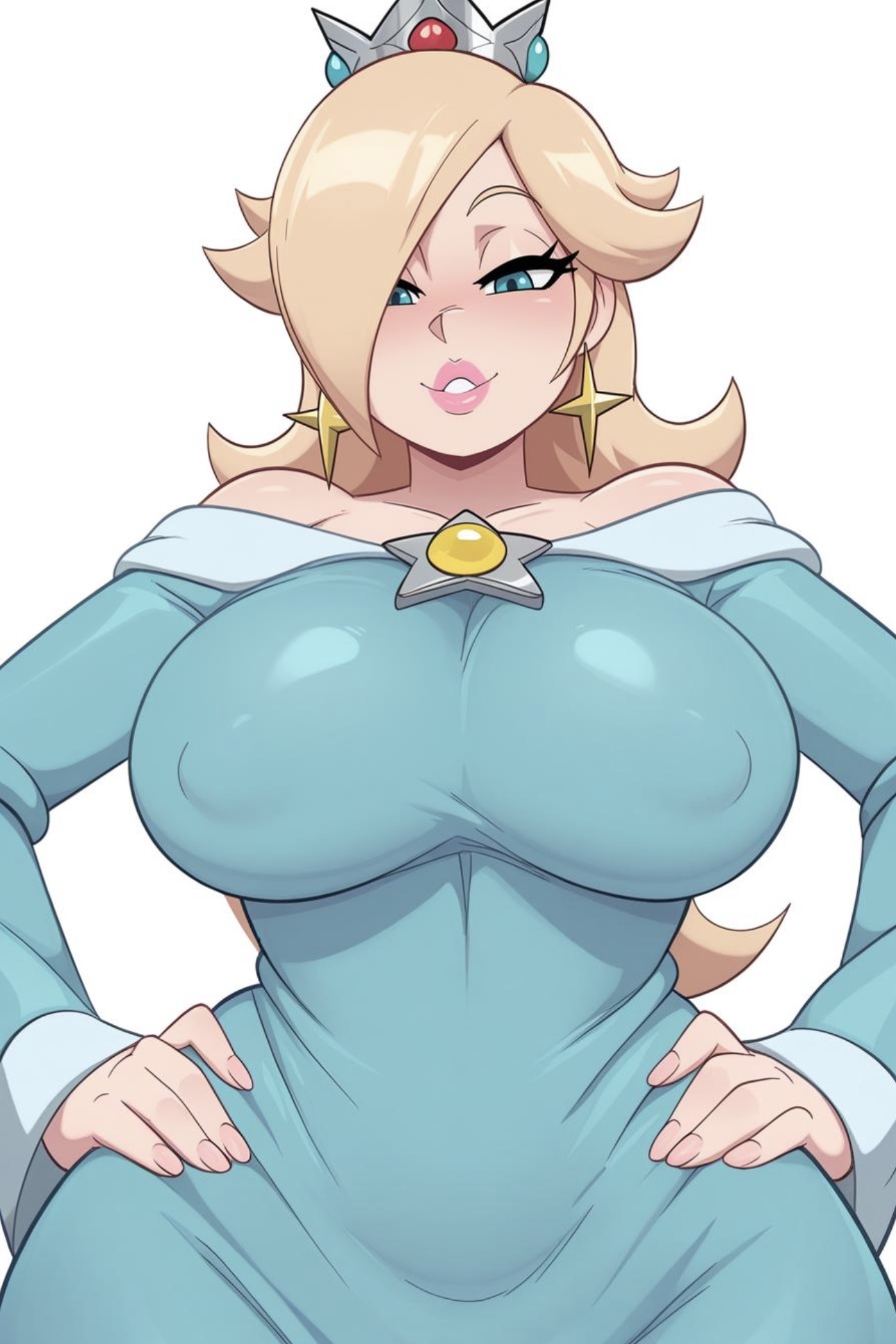 ai generated, big ass, big breasts, blue clothing, dress, hand on hip, mario (series), mommy, nintendo, princess rosalina, trickydick39