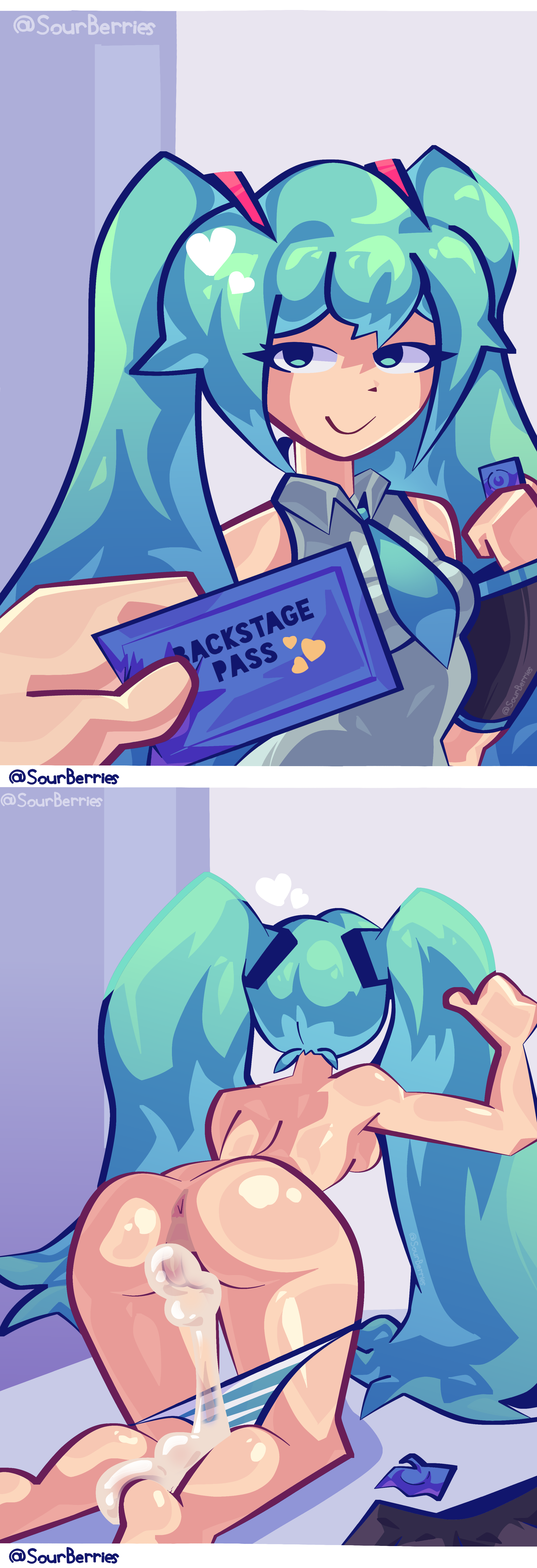 1boy, 1girl, 2koma, after sex, after vaginal, anus, anus focus, anus outline, anus peek, aqua hair, ass, back, bangs, blue hair, breasts, collared shirt, comic, comic page, comic panel, comic strip, condom, condom wrapper, cum, cum drip, cum in pussy, cum inside, cum on body, cumdrip, cumshot, detached sleeves, dripping, dripping cum, english text, from behind, front view, grey shirt, hair, hair ornament, hatsune miku, hatsune miku (cosplay), heart, hetero, holding, instant loss, kneeling, kneeling female, kneeling on ground, kneeling position, light blue hair, long hair, lowered panties, medium ass, necktie, nude, on all fours, on floor, on knees, overflow, overflowing cum, panties, panties around legs, panties only, petite, petite body, petite breasts, petite female, petite tits, pointless condom, pussy, pussy ejaculation, pussy focus, pussy juice, pussy juice drip, pussy juice string, pussy juice trail, pussy lips, pussy peek, removed clothing, removing clothing, removing panties, semen, semen in vagina, shirt, skinny, skinny female, skirt, sleeveless, sleeveless shirt, slim, slim body, slim female, slim figure, slim waist, small ass, small breasts, smile, smirk, smirking, smirking at viewer, smug, smug face, solo focus, speechless, striped, striped panties, text, textless, thin arms, thin legs, thumbs up, ticket, tie, tied hair, twintails, underwear, vagina, vaginal fluids, vaginal juices, vaginal penetration, very long hair, video game, video game character, video game franchise, video games, vocaloid