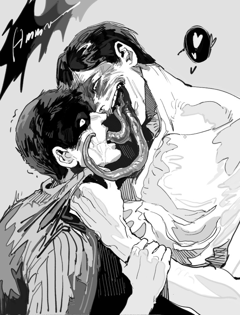 2boys, artist request, black and white, forced, forced oral, french kiss, kissing, long tongue, making out, male only, no, i'm not a human, nonconsensual, nonconsenting male, pale visitor, protagonist (no, i'm not a human), tounge out, unusual anatomy, yaoi