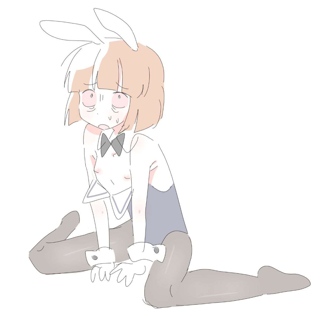 bloodshot eyes, bob cut, breasts out, bunny ears, bunnysuit, cashier girl (no, i'm not a human), flat chest, full body, inverted nipples, nervous, nnch, no, i'm not a human, orange hair, pantyhose, playboy bunny, scared, sitting, wariza