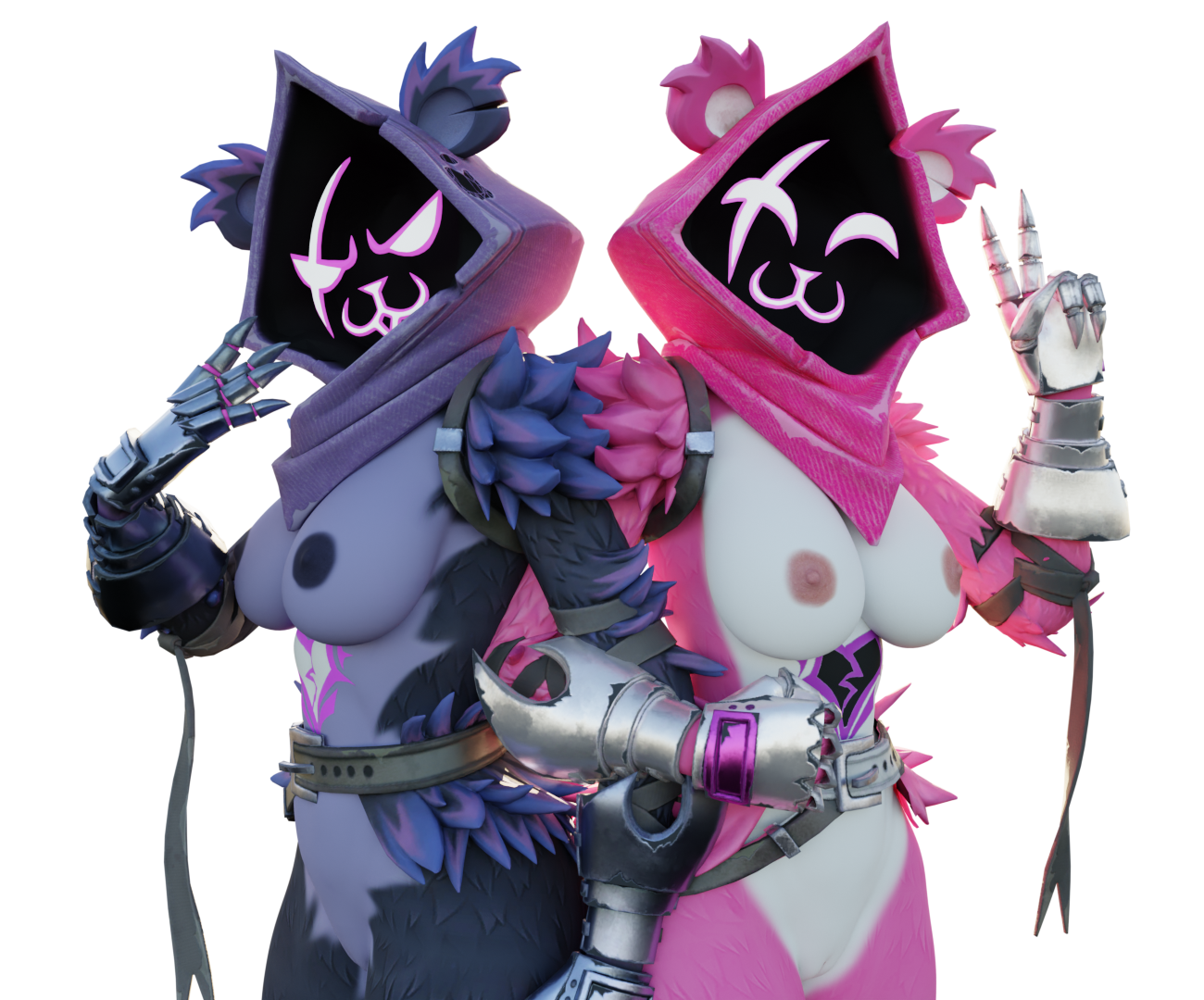 2girls, 3d, blender, breasts, duo, duo female, duo focus, female, female focus, female only, fortnite, fortnite: battle royale, fur, furry, furry ears, furry female, furry only, hood, looking at viewer, naked, nezkort, nipples, nude, nude female, pink fur, purple fur, raven team leader, simple background, smile, vagina
