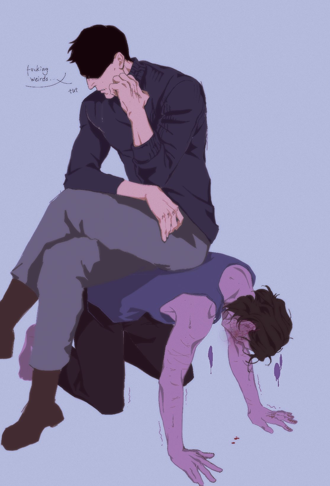 2boys, blush, brkl, creepy guy (no, i'm not a human), dom/sub, english text, fully clothed, gay, male only, masochism, masochist, no, i'm not a human, protagonist (no, i'm not a human), sitting, sitting on another, sitting on back, sitting on person, submissive, submissive male, text, text bubble, yaoi