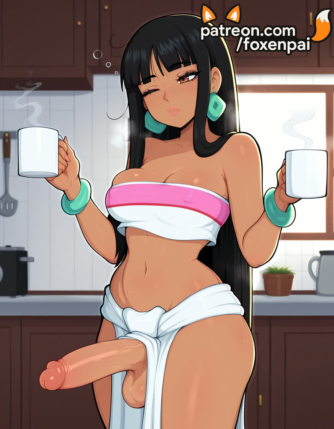 1futa, 2026, ai generated, artist name, bangle, beer mug, black hair, blunt bangs, bracelet, breasts, brown eyes, bust, chel, chel (the road to el dorado), chest, cock, coffee, coffee mug, cup, dark skin, dick, dumbbell, earrings, erection, foreskin, foxenpai, futanari, hi res, high quality, high resolution, highres, holding cup, hoop earrings, indoors, jewelry, kitchen, large penis, large testicles, long hair, mug, navel, newhalf, one eye closed, patreon, patreon username, penis, phimosis, precum, print mug, semi-erect, solo, stable diffusion, steam, teacup, teapot, testicles, the road to el dorado, toilet paper, uncensored, veiny penis, watermark