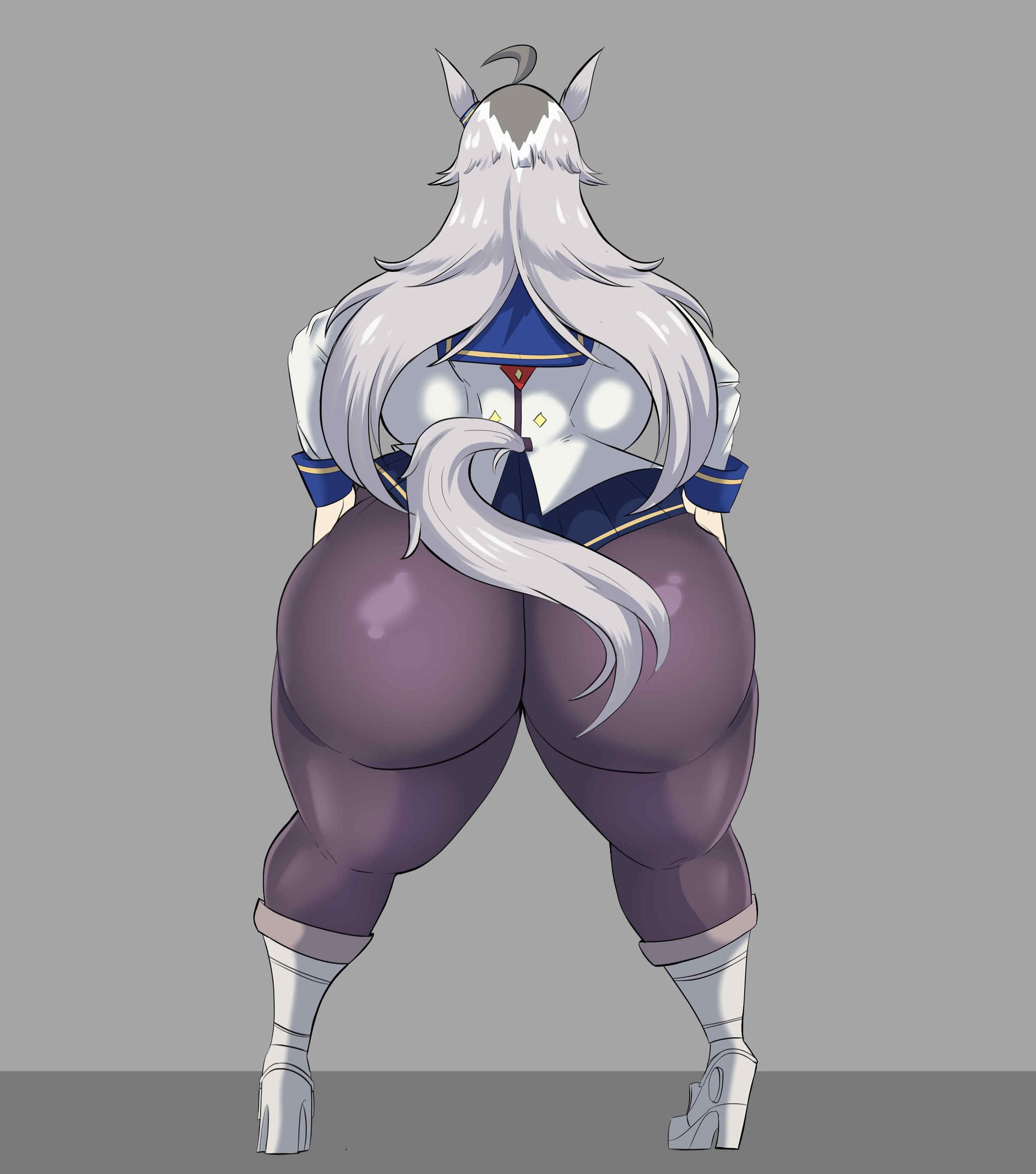 back view, backboob, big ass, big breasts, dalpheushills, hands on hips, horse ears, horse girl, horse tail, huge ass, oguri cap (umamusume), pantyhose, umamusume