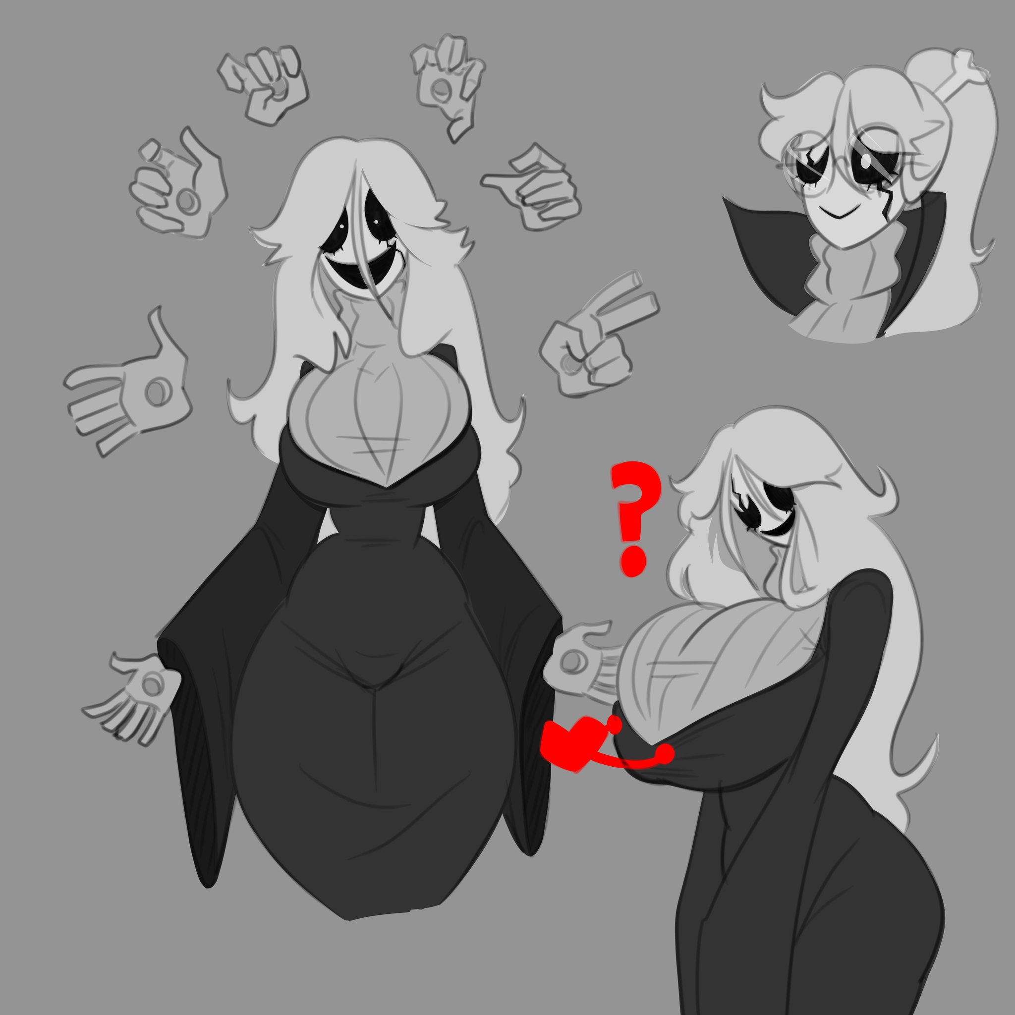 big breasts, bone, fem gaster, floating hands, gallo wazavi, gaster, glasses, gray background, gray sweater, hair, long hair, question mark, soul (undertale), sweater, tagme, tight clothing, turtleneck, turtleneck sweater, undertale, undertale (series)