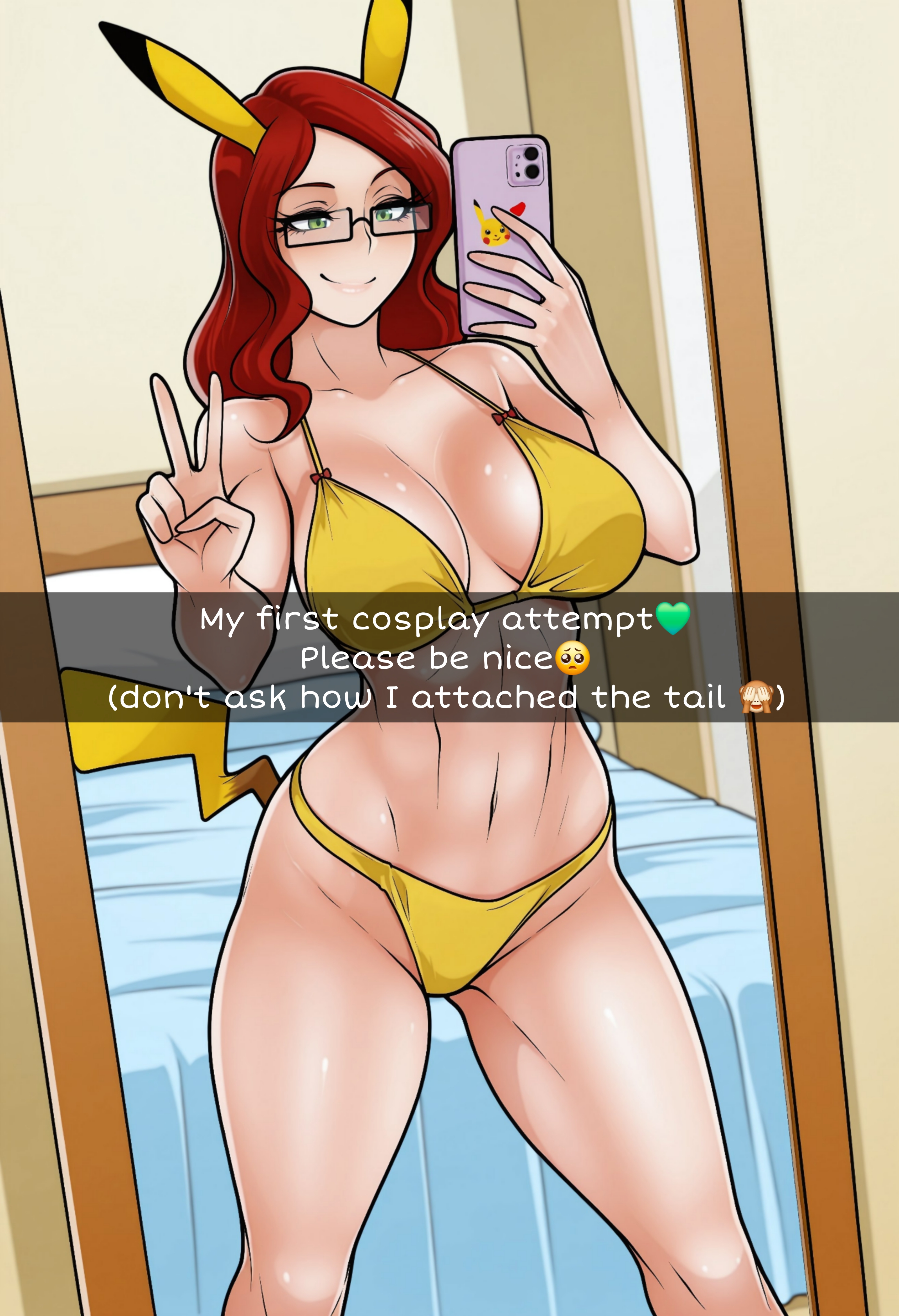 ai generated, ai jago dibuja, bedroom, bedroom background, bedroom setting, bikini, cosplay, costume, female, female only, glasses, green eyes, holding phone, implied anal penetration, implied penetration, large breasts, living with hipstergirl and gamergirl, looking at phone, mirror selfie, peace sign, phone, pikachu (cosplay), pikachu ears, pikachu tail, pokemon costume, red hair, selfie, smile, snapchat, sophie (living with hipstergirl and gamergirl)