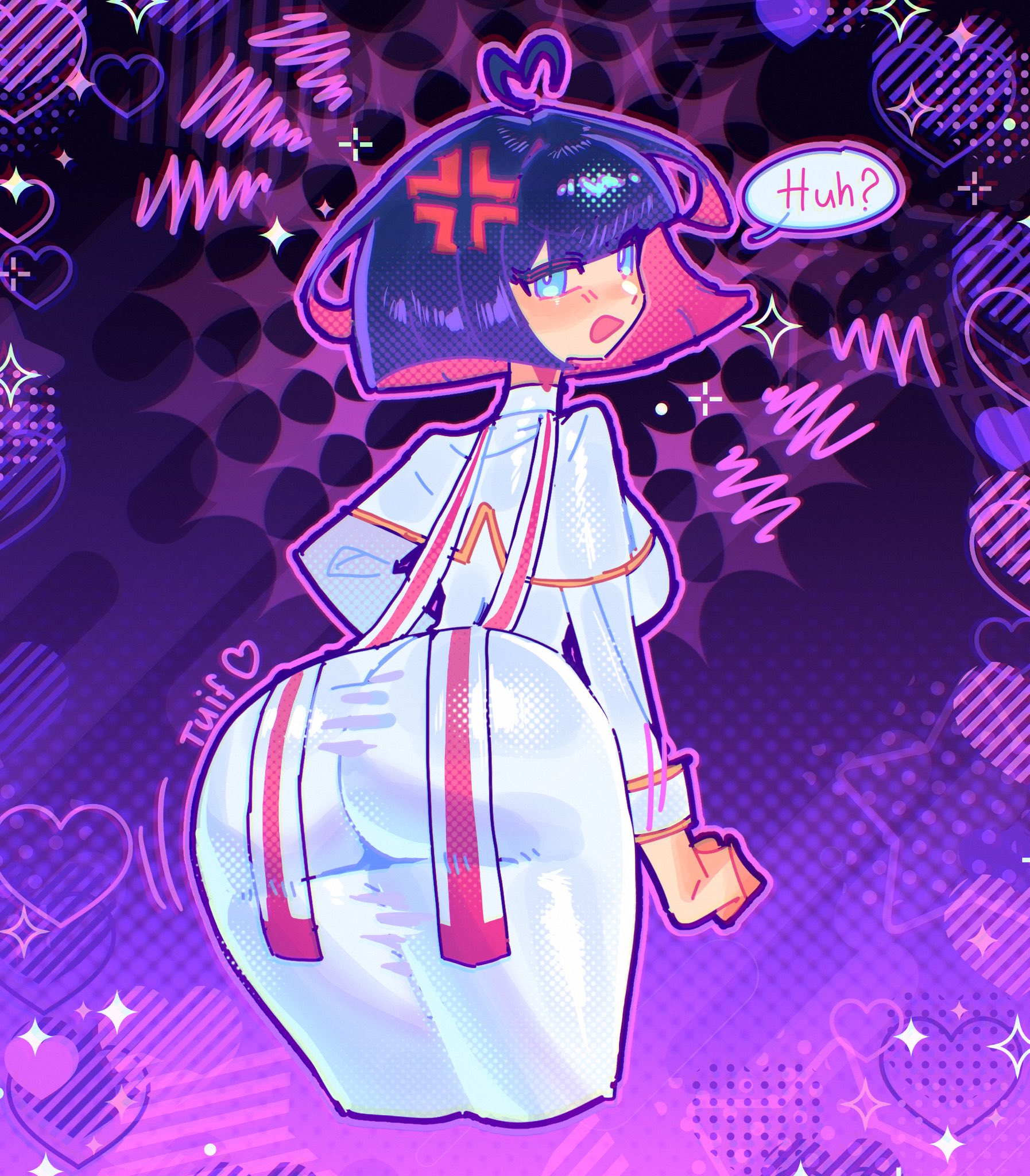 1girls, ass, bangs, big ass, big breasts, blunt bangs, blush, breasts, colored inner hair, female, female focus, female only, full body, green eyes, large ass, large breasts, light skin, light-skinned female, long hair, looking at viewer, looking back, multicolored hair, nun, panty & stocking with garterbelt, purple hair, religious clothing, see-through, short hair, sister stockiel, solo, stocking anarchy, thighs, tuif, tuiffff, two-tone hair, wide hips