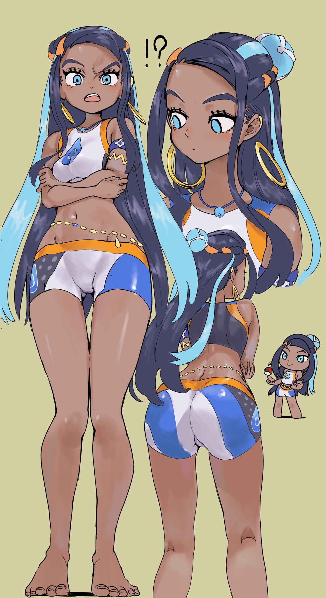 !?, 1girls, armlet, arms crossed, arms crossed under breasts, arms under breasts, ass, ass visible through thighs, barefoot, belly chain, black hair, blue eyes, blue hair, breasts, closed mouth, commentary, crop top, dark skin, dark-skinned female, earrings, female, female only, game freak, hair bun, hair up, highres, hoop earrings, jewelry, long hair, looking at viewer, medium breasts, midriff, multicolored hair, multiple views, navel, necklace, nessa (pokemon), nintendo, open mouth, poke ball, pokemon, pokemon ss, pokemon swsh, short shorts, shorts, single hair bun, solo, sukoyaka tsukasa, symbol-only commentary, thigh gap, thin waist, toenails, toes, two-tone hair, waist chain, wide hips