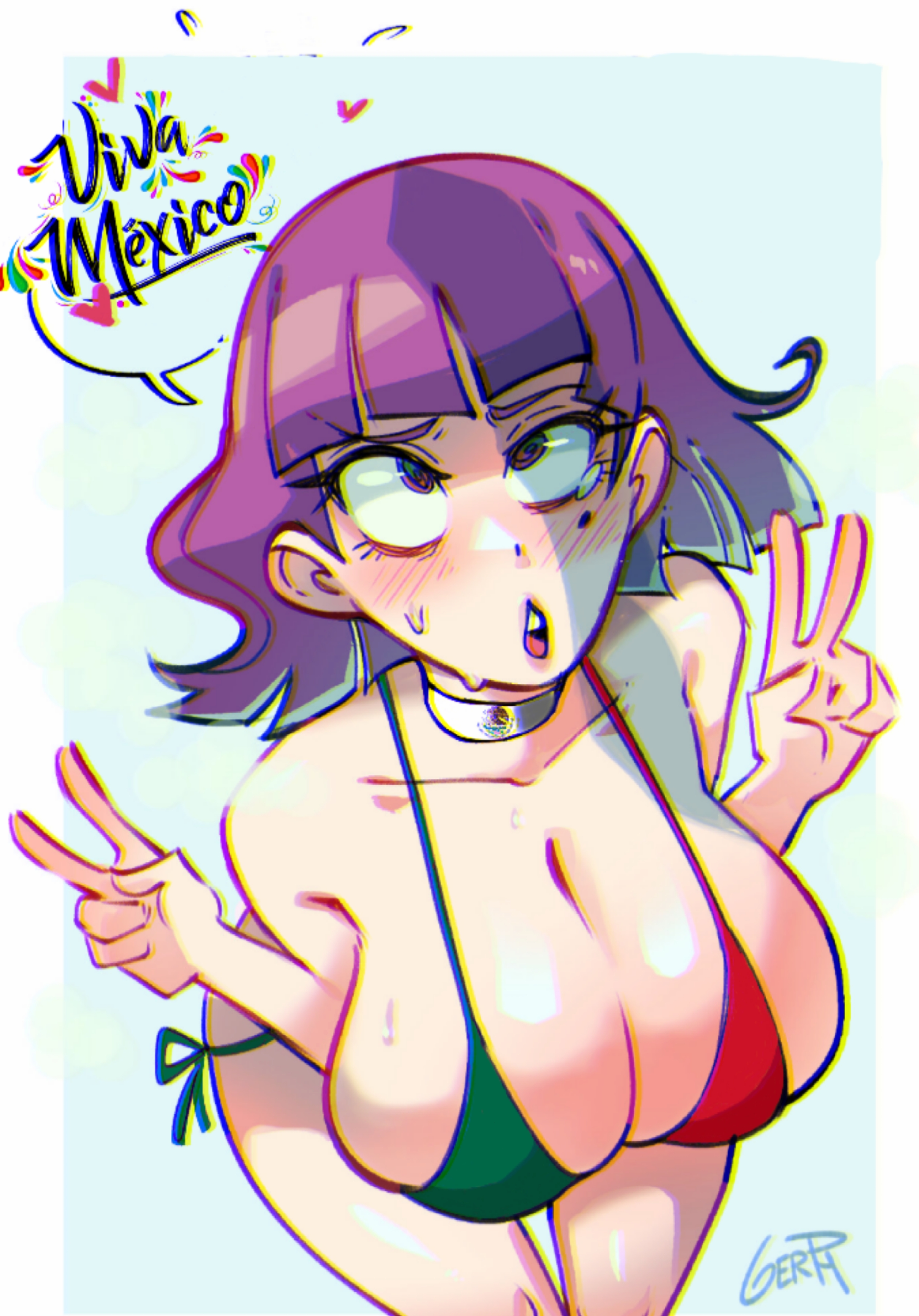 ahegao face, amelia (pathways), edit, edited art, gerph, mexican flag, mexican flag bikini, pathways (game), purple eyes, purple hair