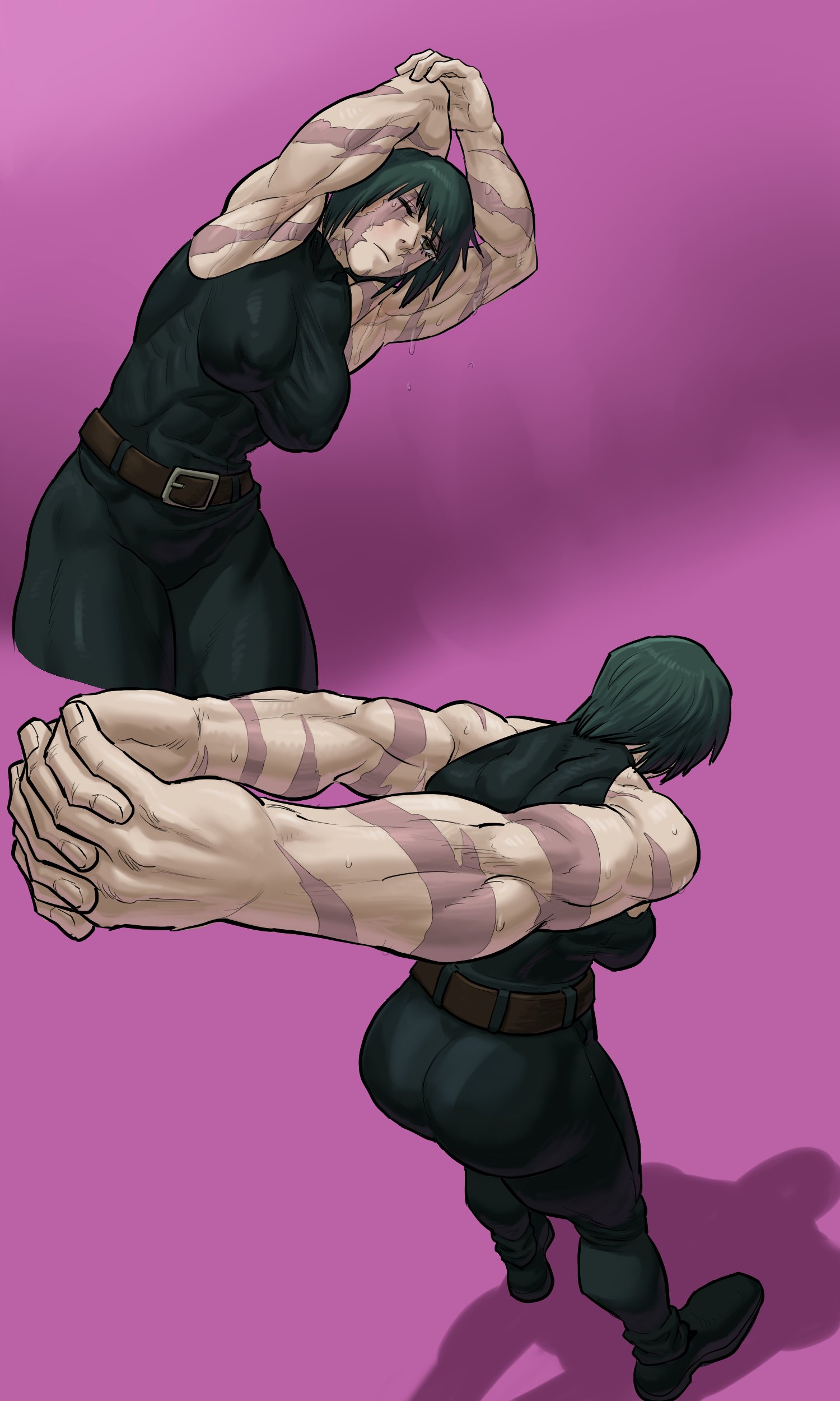 1girls, abs, armpits, ass, big ass, big breasts, female, female focus, female only, fully clothed, heppari, jujutsu kaisen, multiple angles, muscular, muscular female, one eye closed, scars, short hair, solo female, stretching, sweat, sweatdrop, thick thighs, thunder thighs, tight clothing, visible nipples, zenin maki