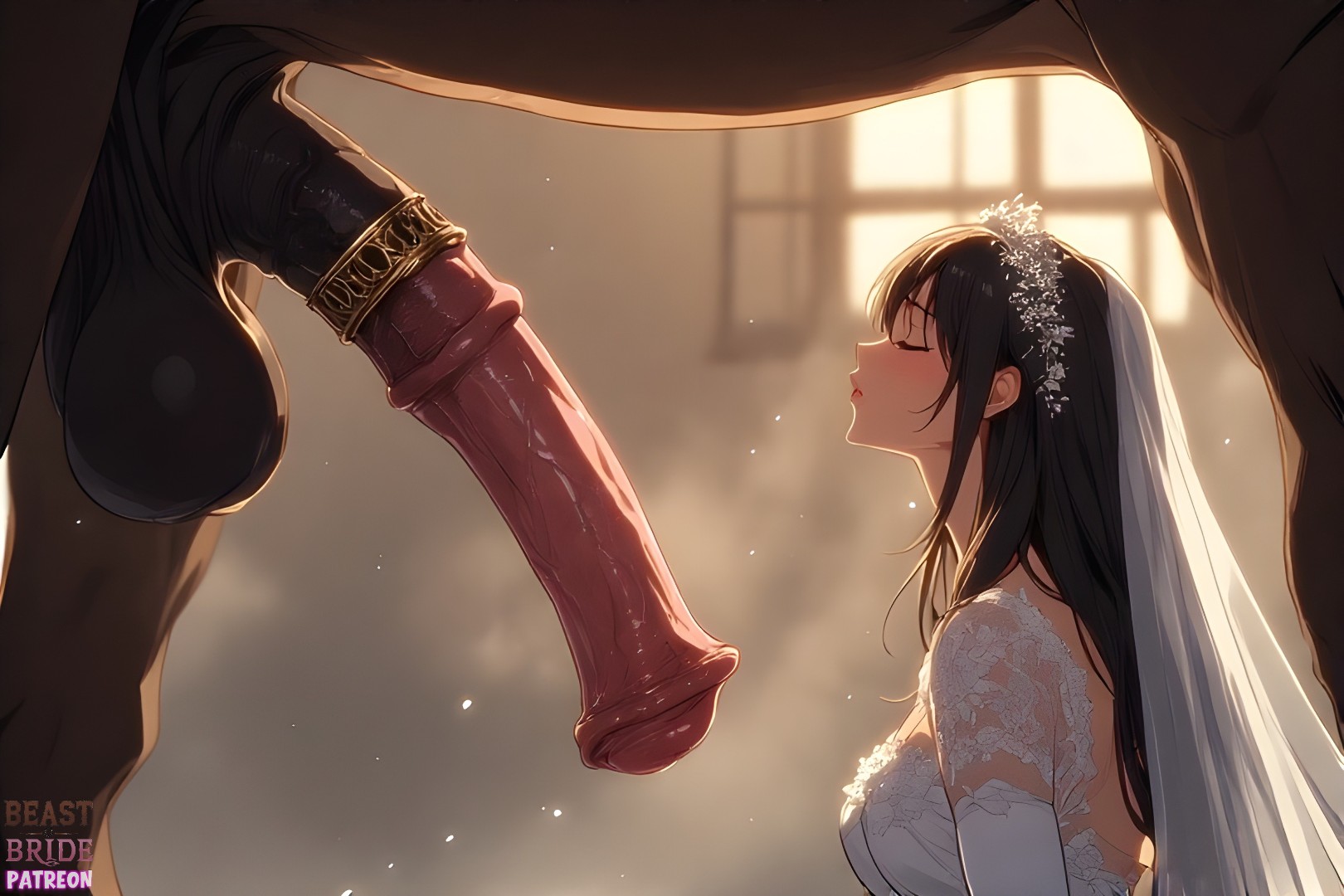 ai generated, blowjob, bride, cum, horsecock, wedding dress