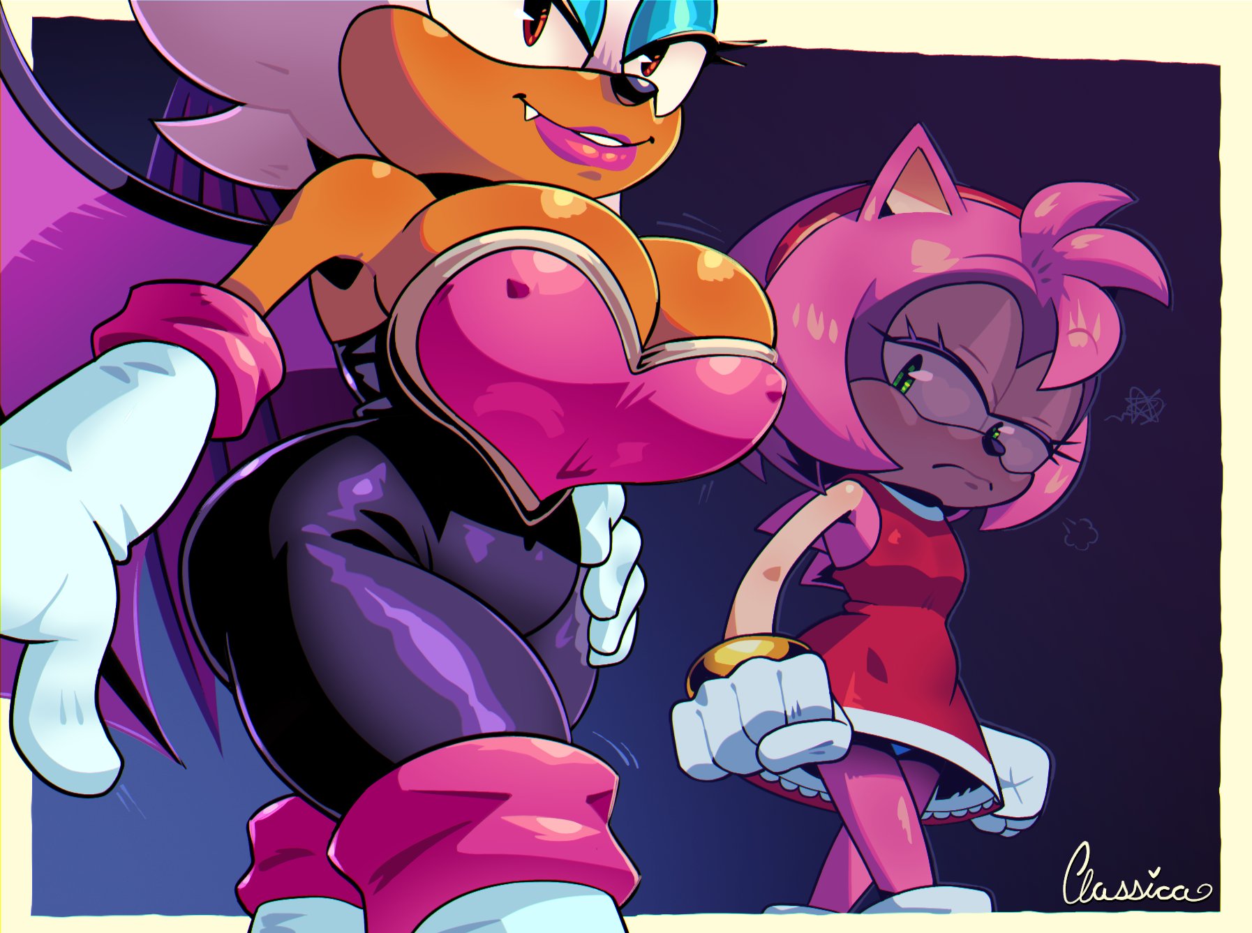 2girls, accessory, amy rose, anthro female, bat, bat wings, big breasts, black nose, bodysuit, boots, breast envy, breastplate, breasts, busty, busty female, classica p, cleavage, clothed, clothed female, clothing, curvaceous, curvy, curvy body, curvy female, curvy figure, dress, duo, duo female, envious, envy, female, female focus, female only, flat chest, fully clothed, fully clothed anthro, fully clothed female, fur, gloves, green eyes, hairband, hips, hourglass figure, hourglass figured female, huge breasts, jealous, jealous female, jealous look, large breasts, lipstick, mogging, nipple bulge, oerba yun fang, pink fur, pink lipstick, plump, red dress, red eyes, red hairband, rouge the bat, sega, shadowed eyes, shadowed face, sonic (series), sonic the hedgehog (series), tan body, tan skin, thick, thick hips, thick thighs, thin female, tight clothing, white fur, white gloves, wide hips, wings
