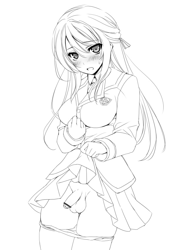 1futa, balls, blush, breasts, censored, curvy, embarrassed, erection under clothes, erection under skirt, futa only, futanari, half-erect, intersex, large breasts, long hair, mofuringu, monochrome, open mouth, panties, penis, penis out, penis under clothes, penis under skirt, school uniform, serafuku, skirt, skirt lift, small balls, small penis, solo, underwear