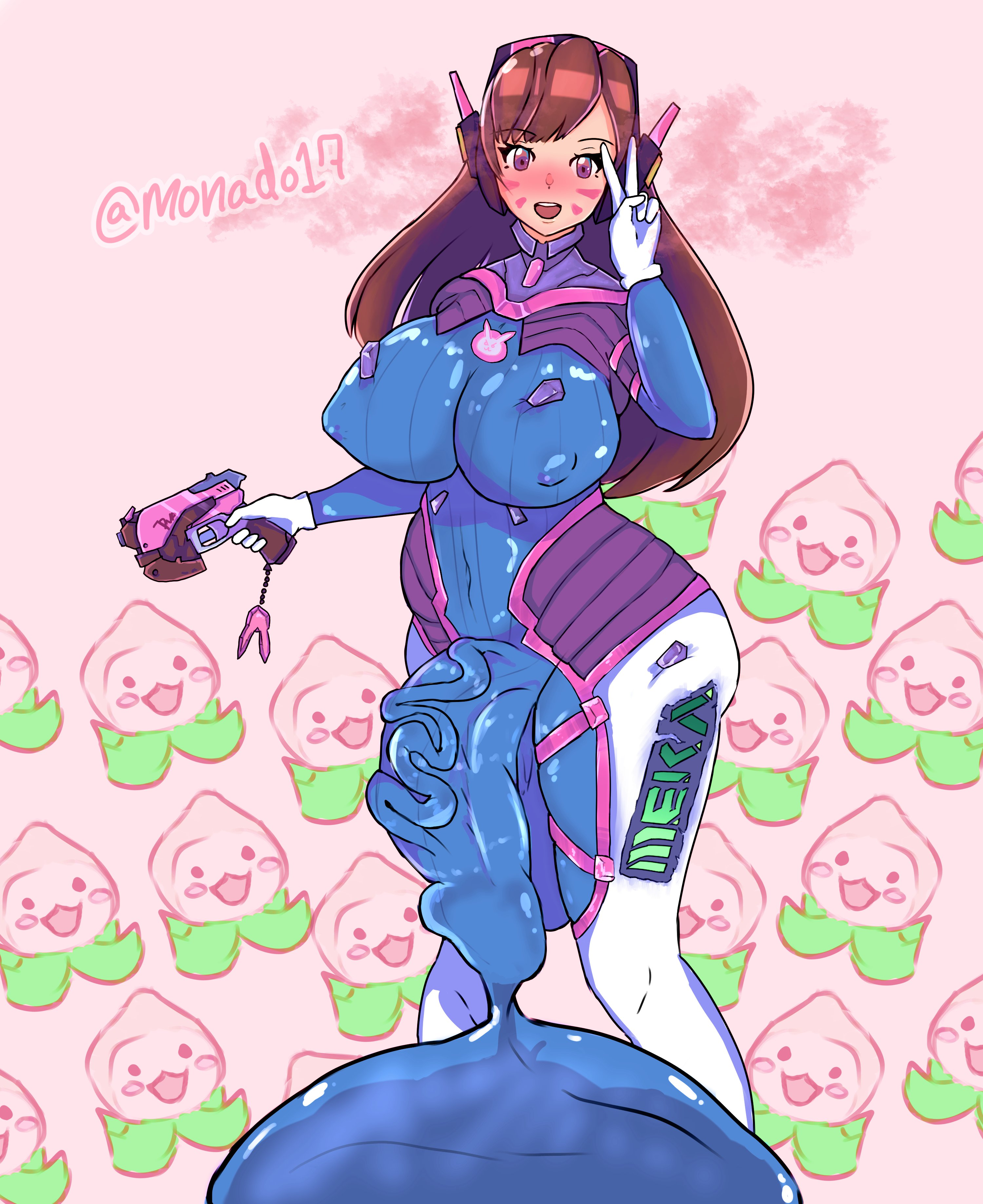 big ass, big breasts, bodysuit, brown eyes, brown hair, bulge through clothing, bulging penis, cock, cock bulge, condom filling, condom suit, cum, cum in suit, d.va, ejaculation, excessive cum, face markings, futa only, futanari, hana song, headphones, headphones on head, huge breasts, huge cock, huge penis, huge testicles, large breasts, long hair, looking at viewer, monado17, nipple bulge, overwatch, pachimari, peace sign, pistol, pistol in hand, self upload, solo, tight clothing, veiny penis